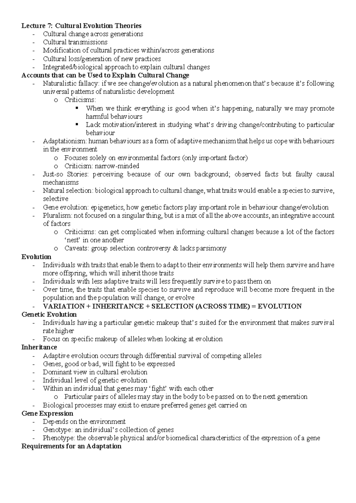 PSYC338 - Lecture Notes on Cultural Evolution Theories and Applications ...