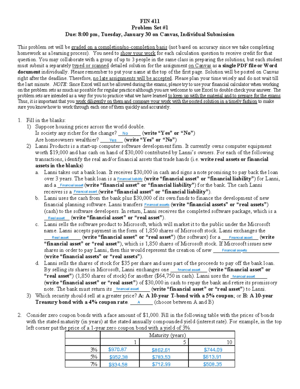 HW1 Problem Set for FIN411 - Due Jan 30, 2024 - Studocu