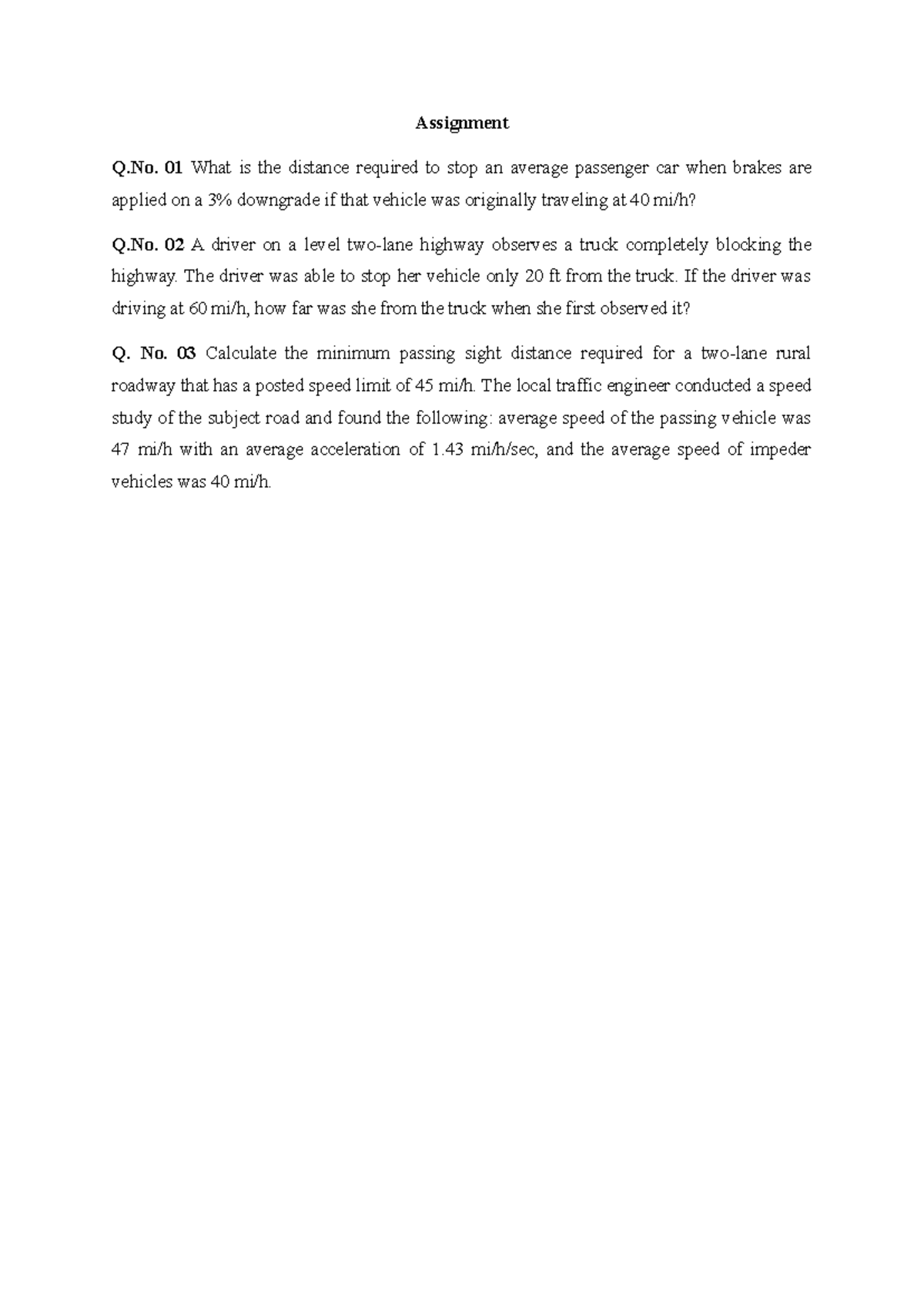 Assignment Q.No. 01-03: Stopping Distances & Sight Distance ...