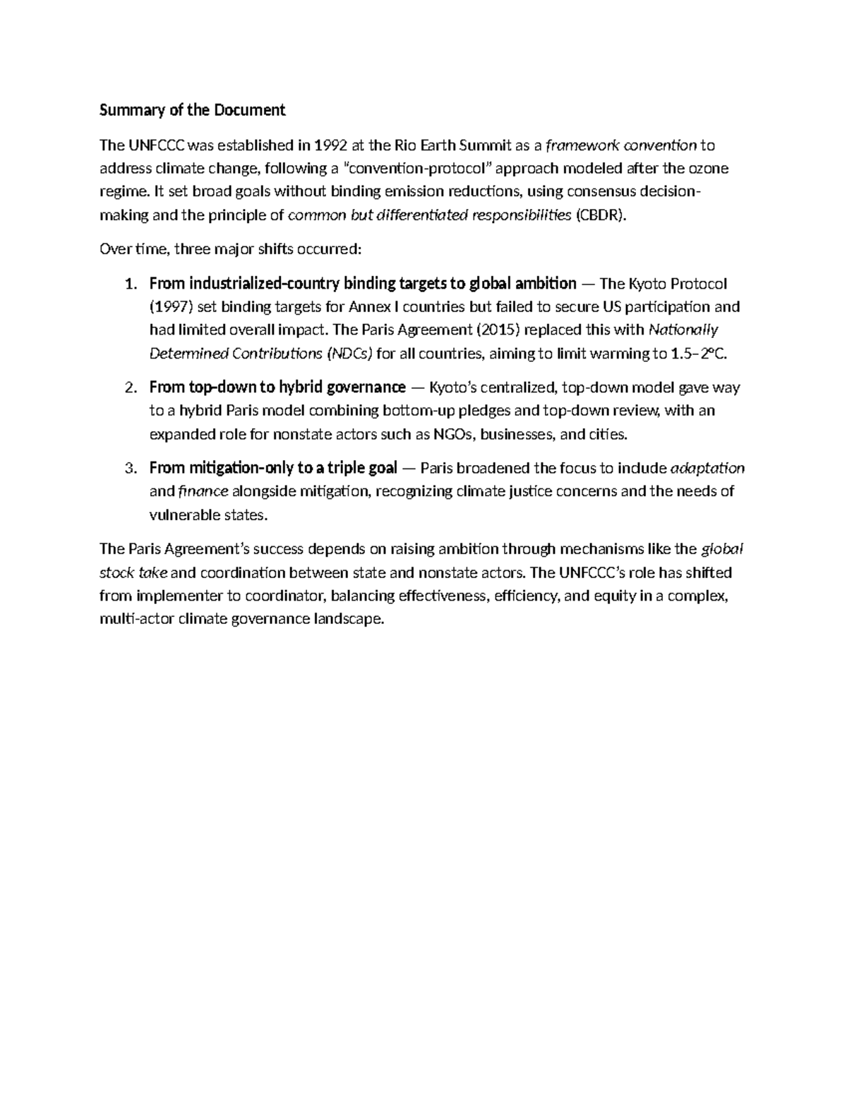 UNFCCC Overview: Key Shifts in Climate Governance and Agreements - Studocu