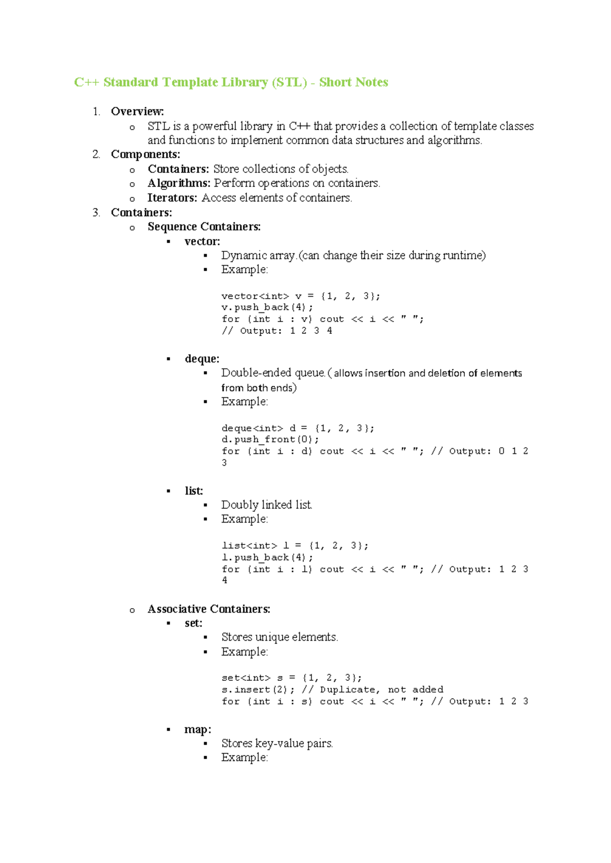 C++ STL Overview and Key Components - Short Notes - Studocu