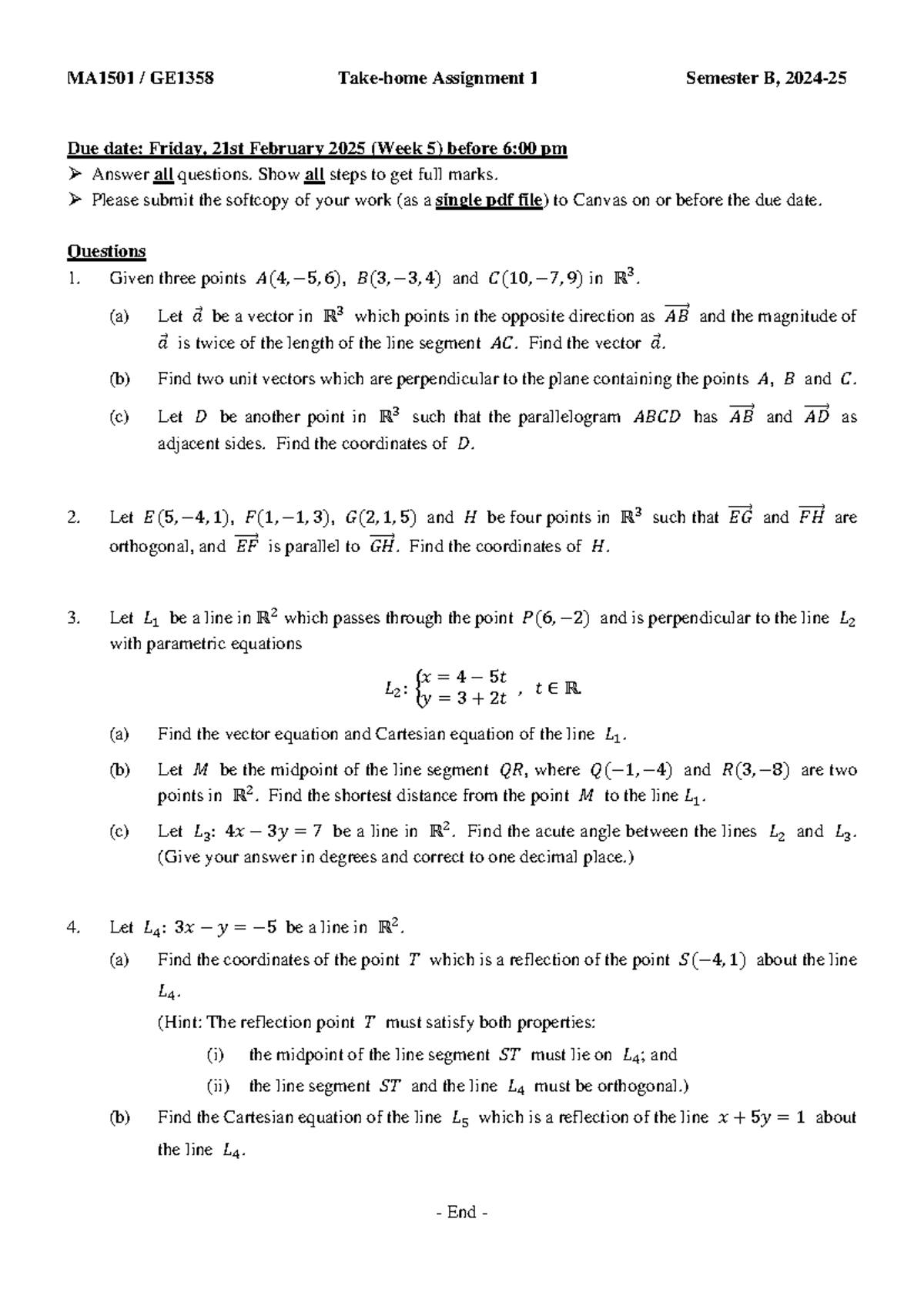 MA1501 GE1358 2425B THAss 1 - MA 1501 / GE135 8 Take-home Assignment 1 ...