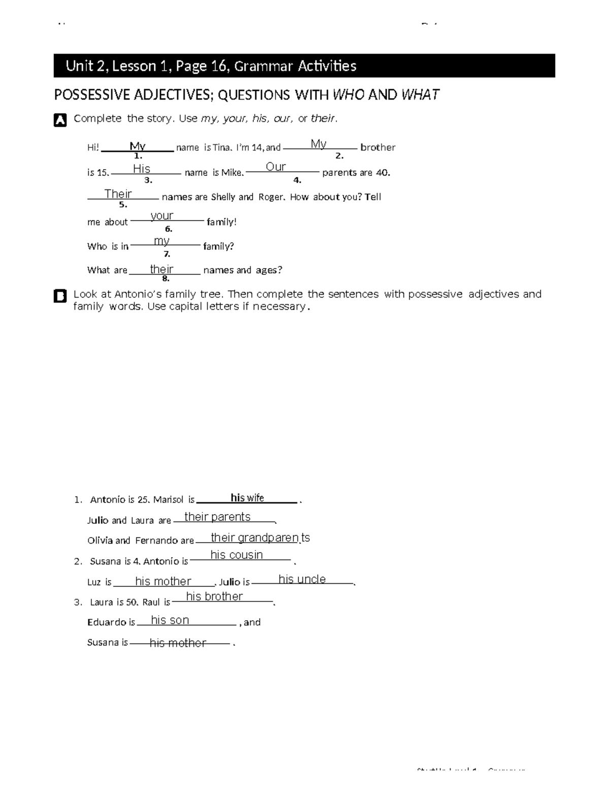 StartUp Level 1 Grammar: Unit 2, Lesson 1 & 3 Activities and Exercises ...