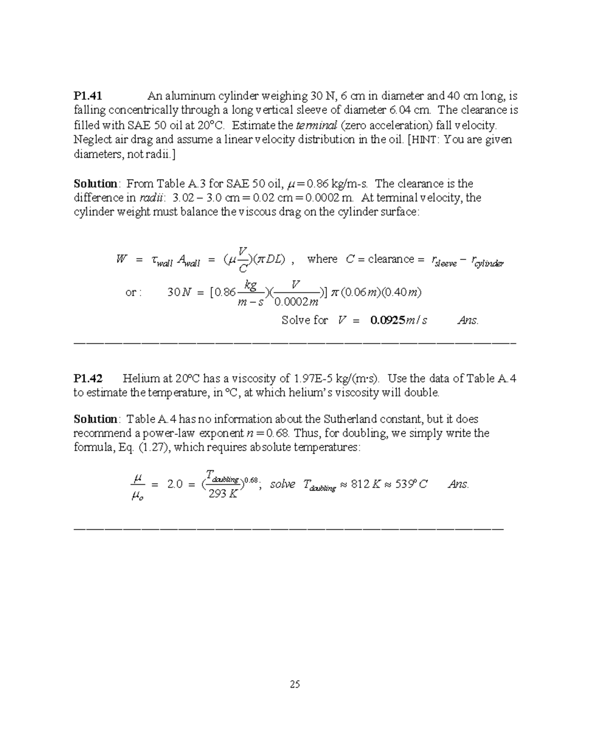 P1.41 Terminal Velocity Calculation for an Aluminum Cylinder in SAE 50 ...