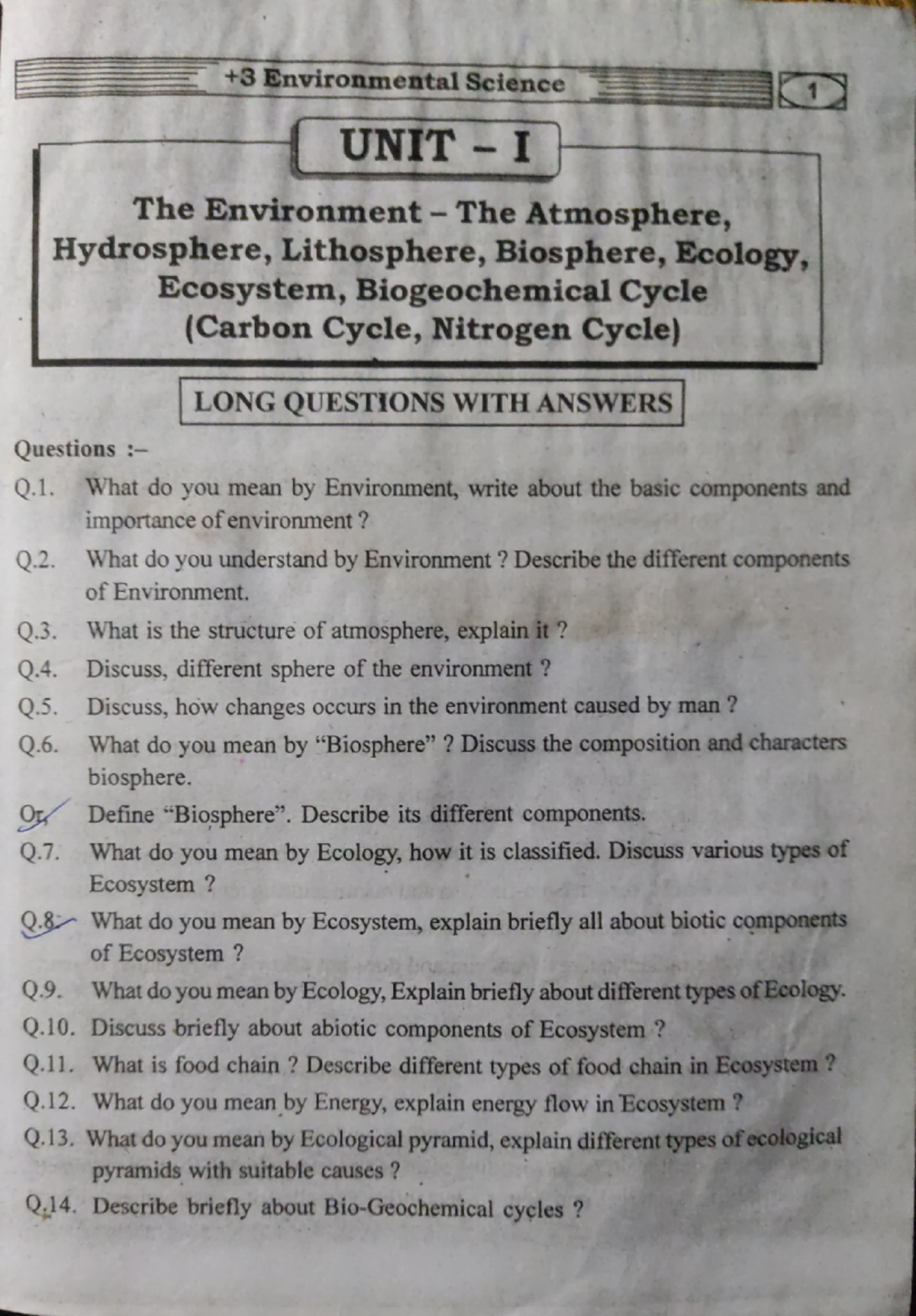EVS -UNIT -1 - Questions - Environmental Science 1 UNIT I The ...