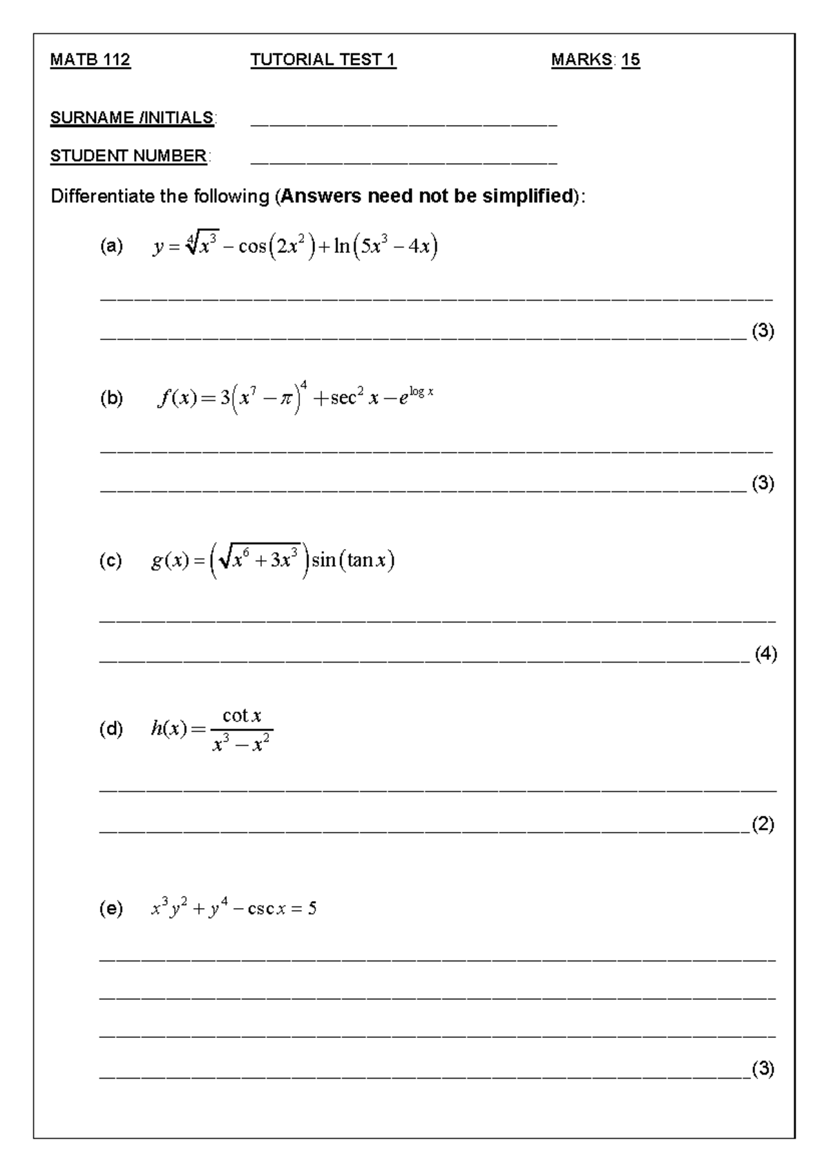 Tutorial TEST 1 (2024) - TEST1 Q - MATB 112 TUTORIAL TEST 1 MARKS: 15 ...
