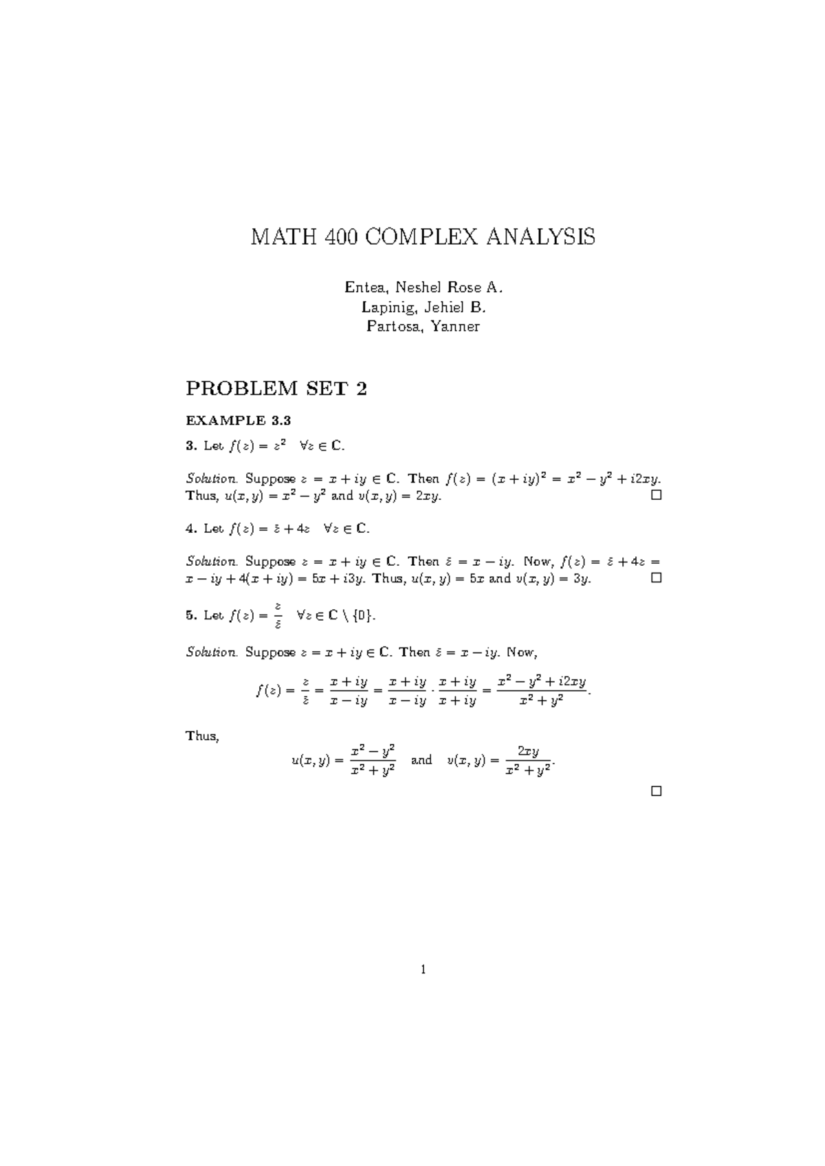 MATH 400 Complex Analysis Problem Set 2 & 4 Solutions - Studocu