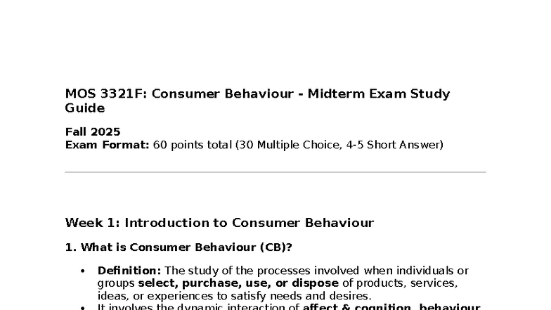 MOS 3321F: Consumer Behaviour Midterm Exam Study Guide Fall 2025 - Studocu