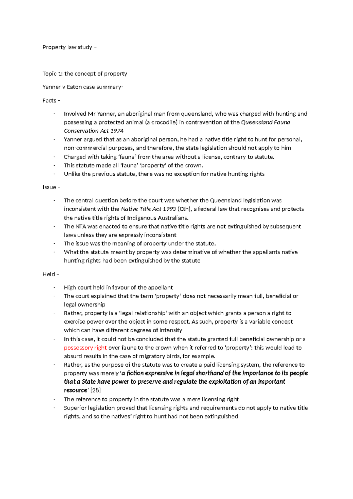 Property Law Study: Key Concepts and Case Summaries (LAW101) - Studocu