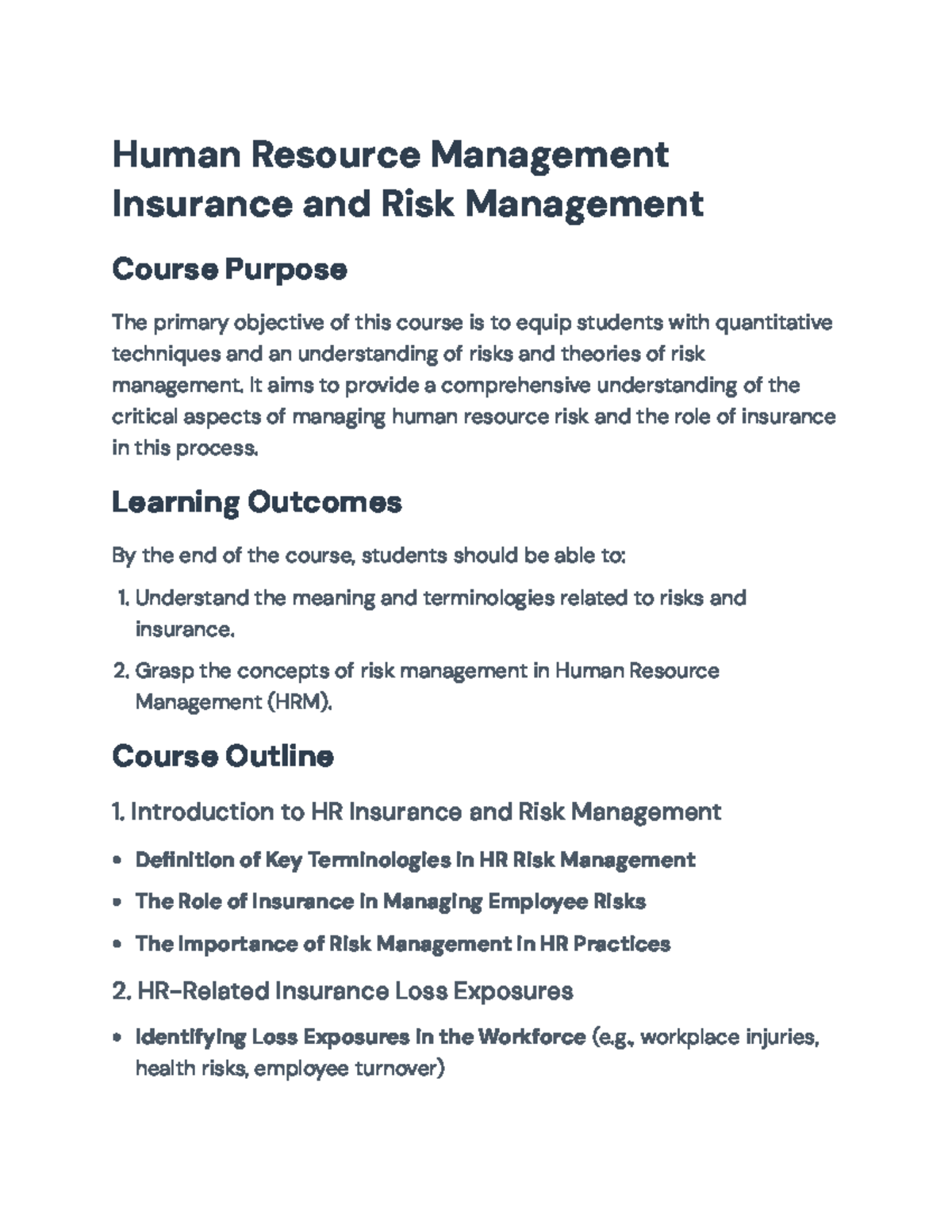 Human Resource Management: Insurance and Risk Management Course Outline ...