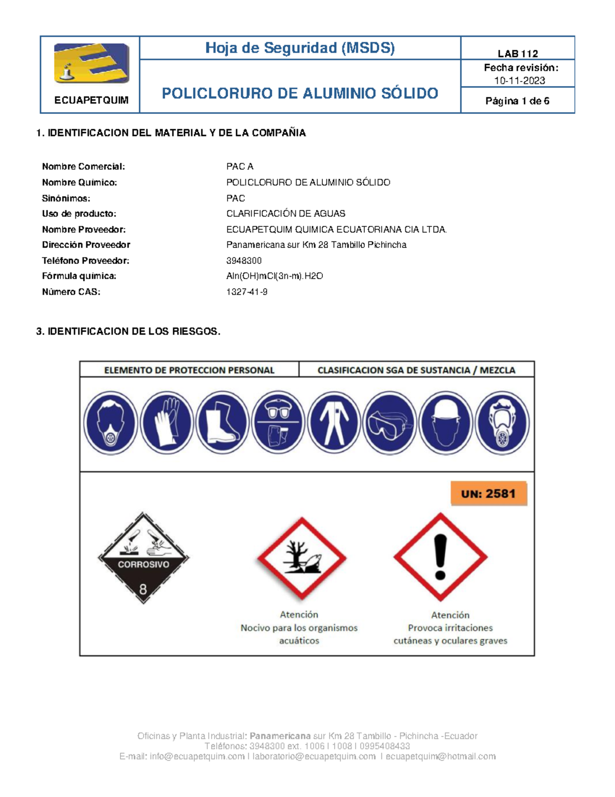 Hoja de Seguridad (MSDS) PAC-1: Policloruro de Aluminio Sólido LAB 112 ...