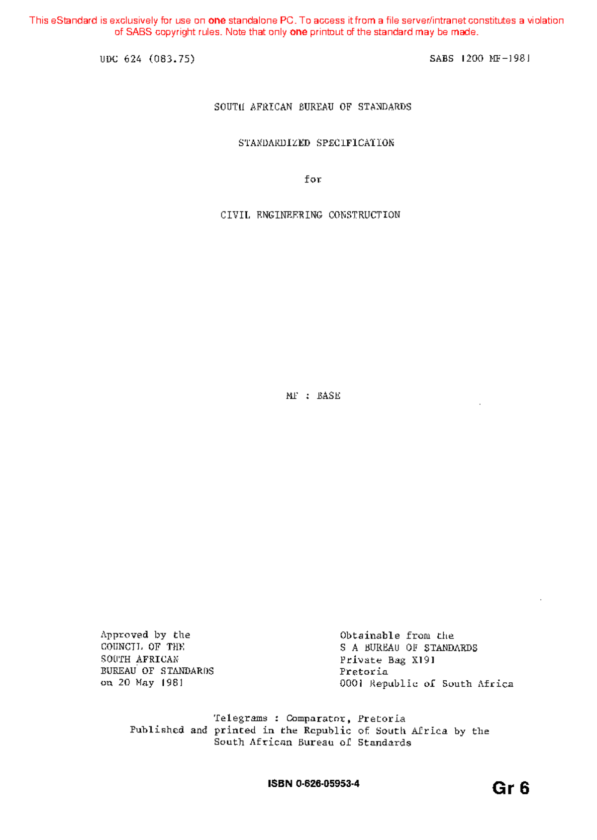 SABS 1200 MF-1981: Standardized Specification for Civil Engineering ...