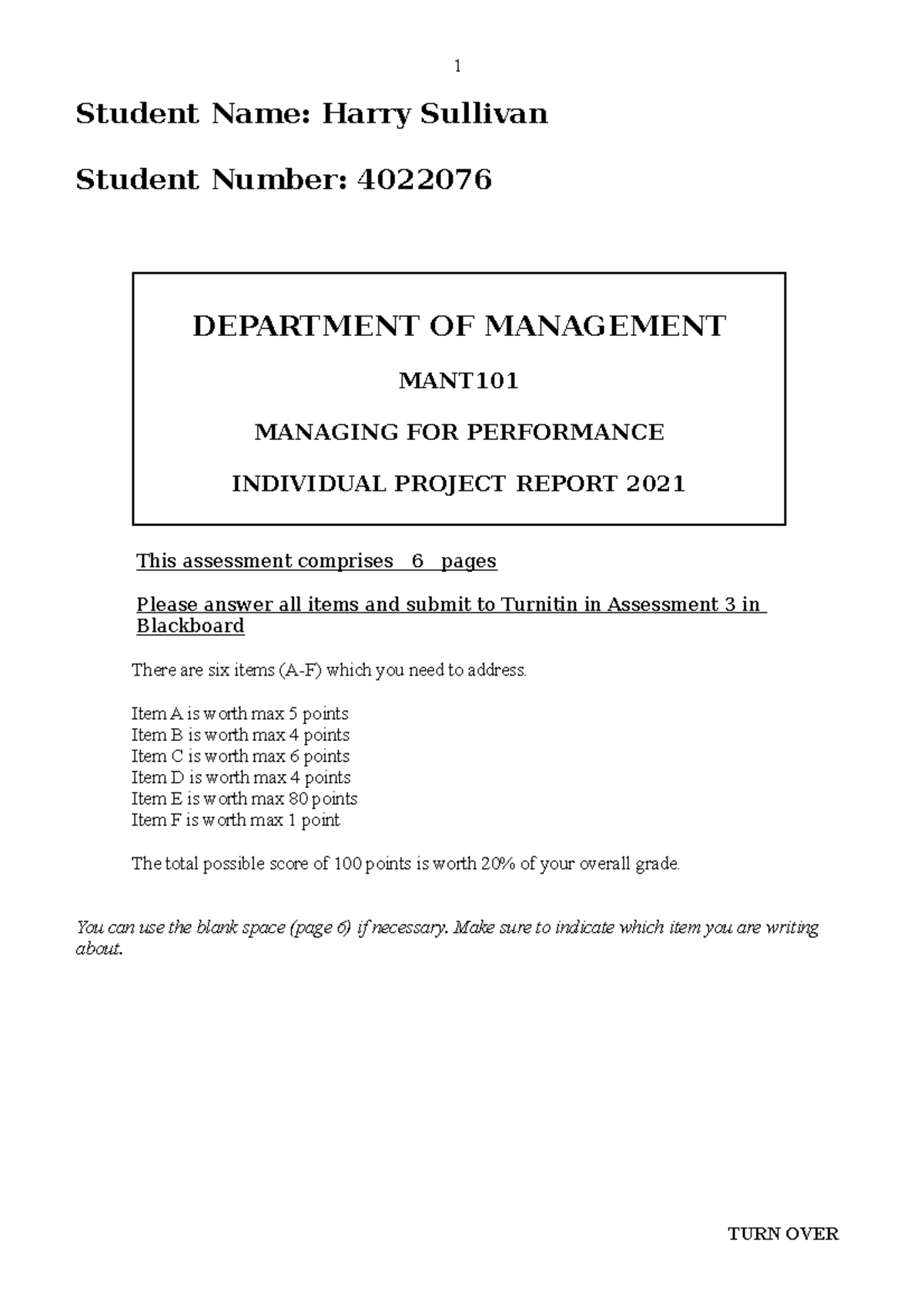 MANT 101 Individual Project Report: Managing Performance Insights - Studocu