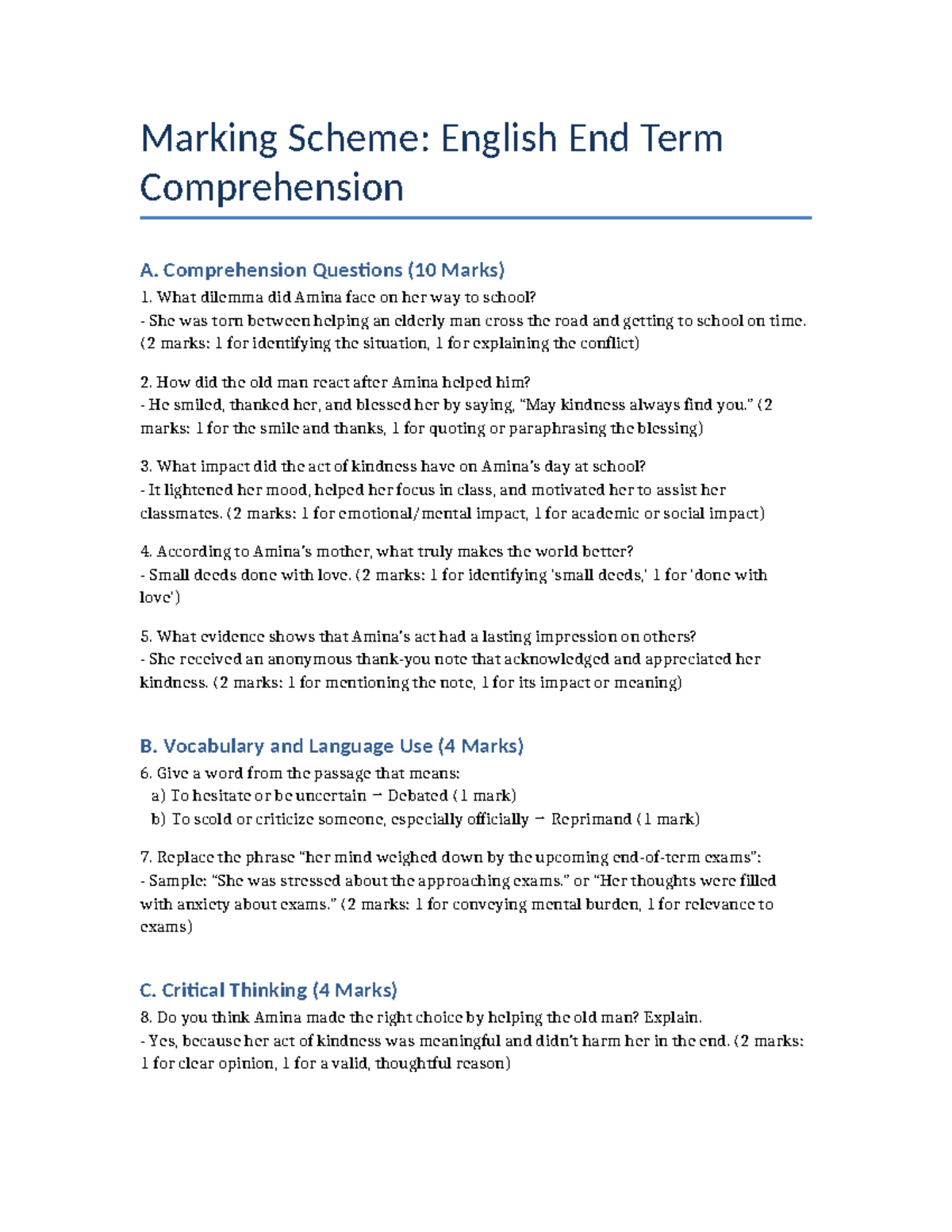 English End Term Comprehension Marking Scheme (Revision Material) - Studocu