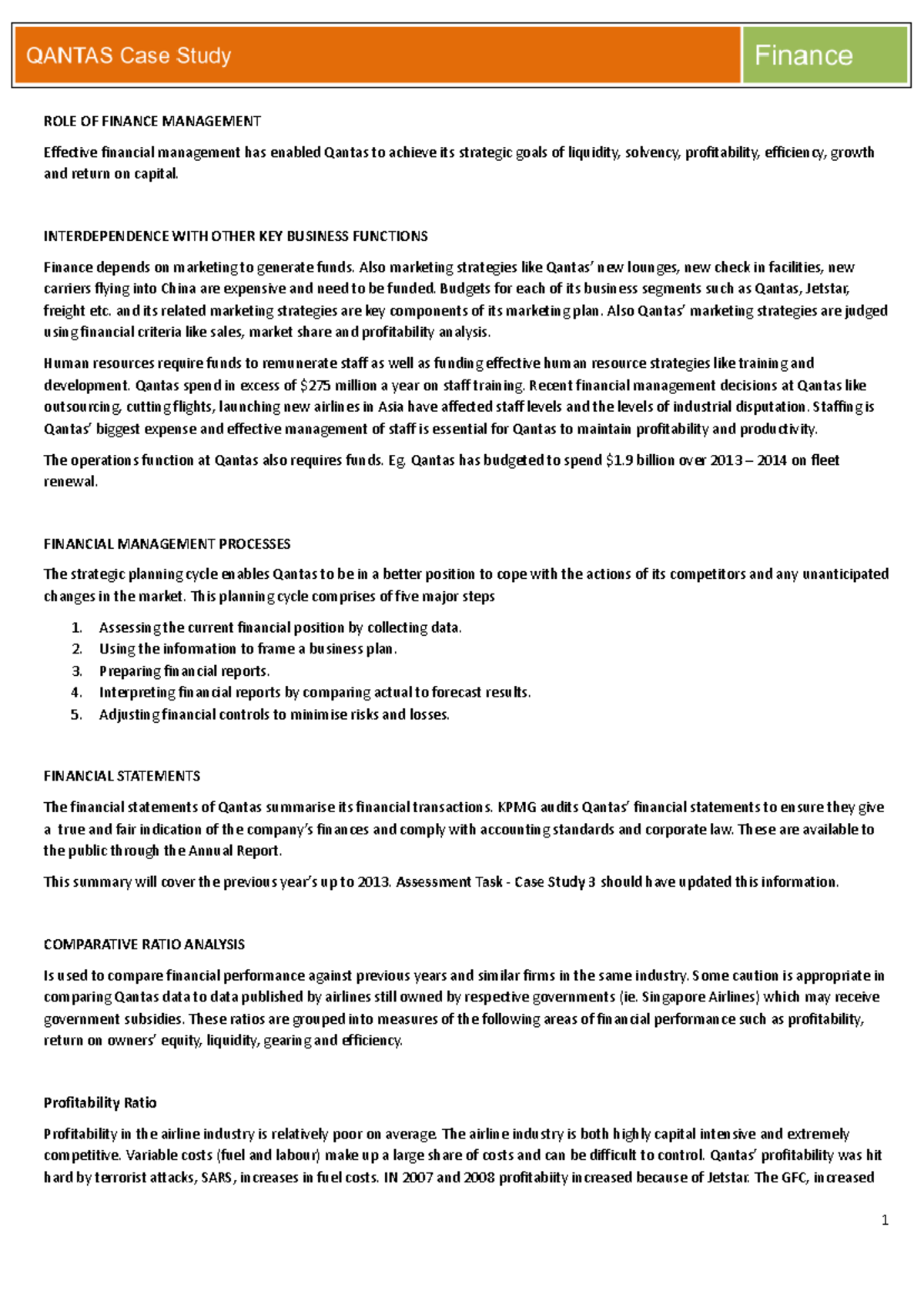 Case Study - Qantas Finance.docx - ROLE OF FINANCE MANAGEMENT Effective ...