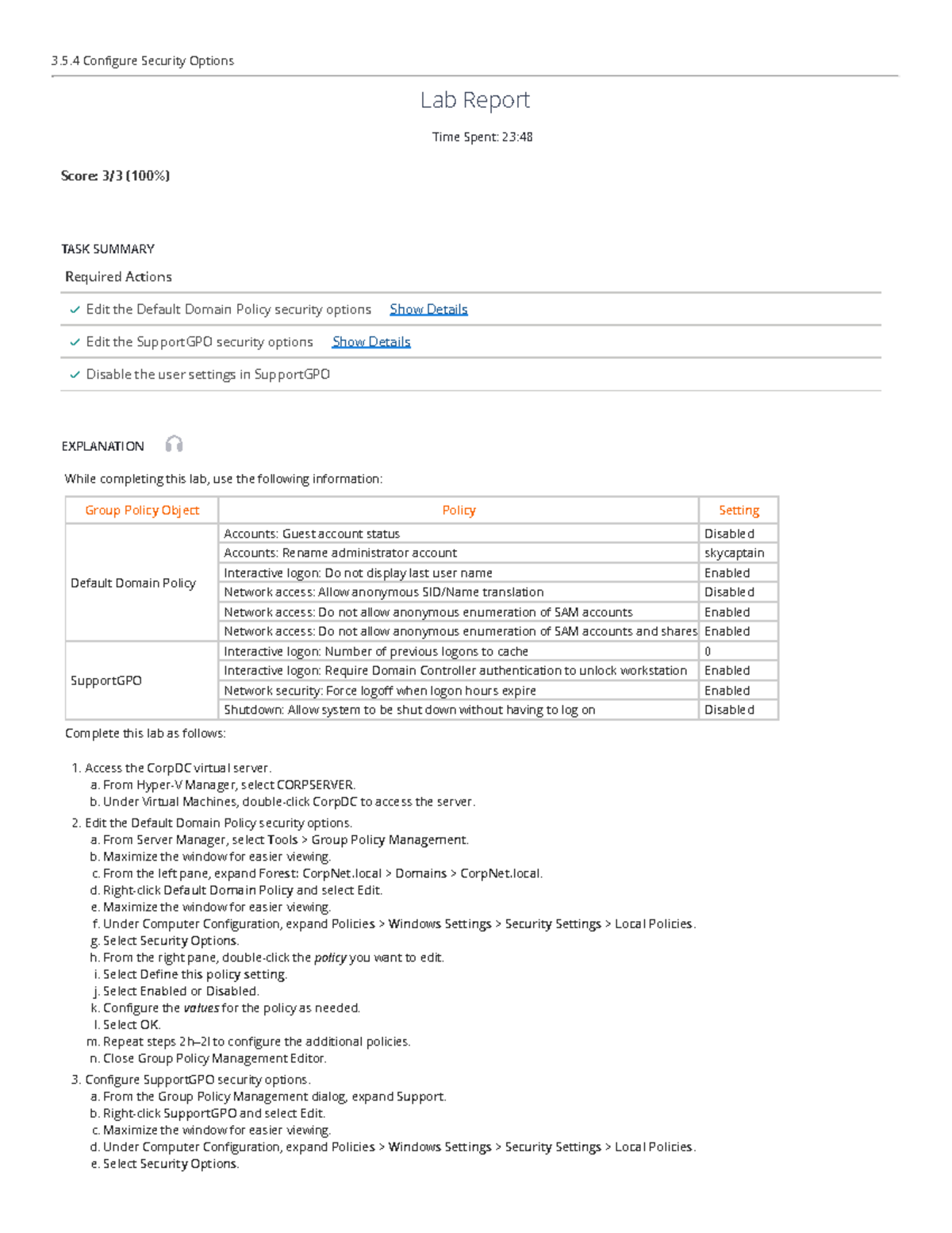 3 - SIMULATION LAB: Configuring Security Options Report - Studocu