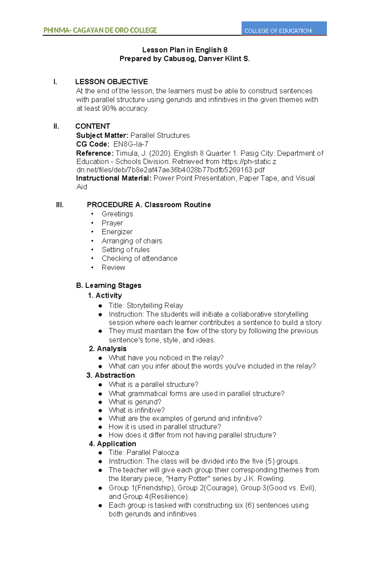 Lesson Plan: Parallel Structure for English 8 (CG Code: EN8G-Ia-) - Studocu