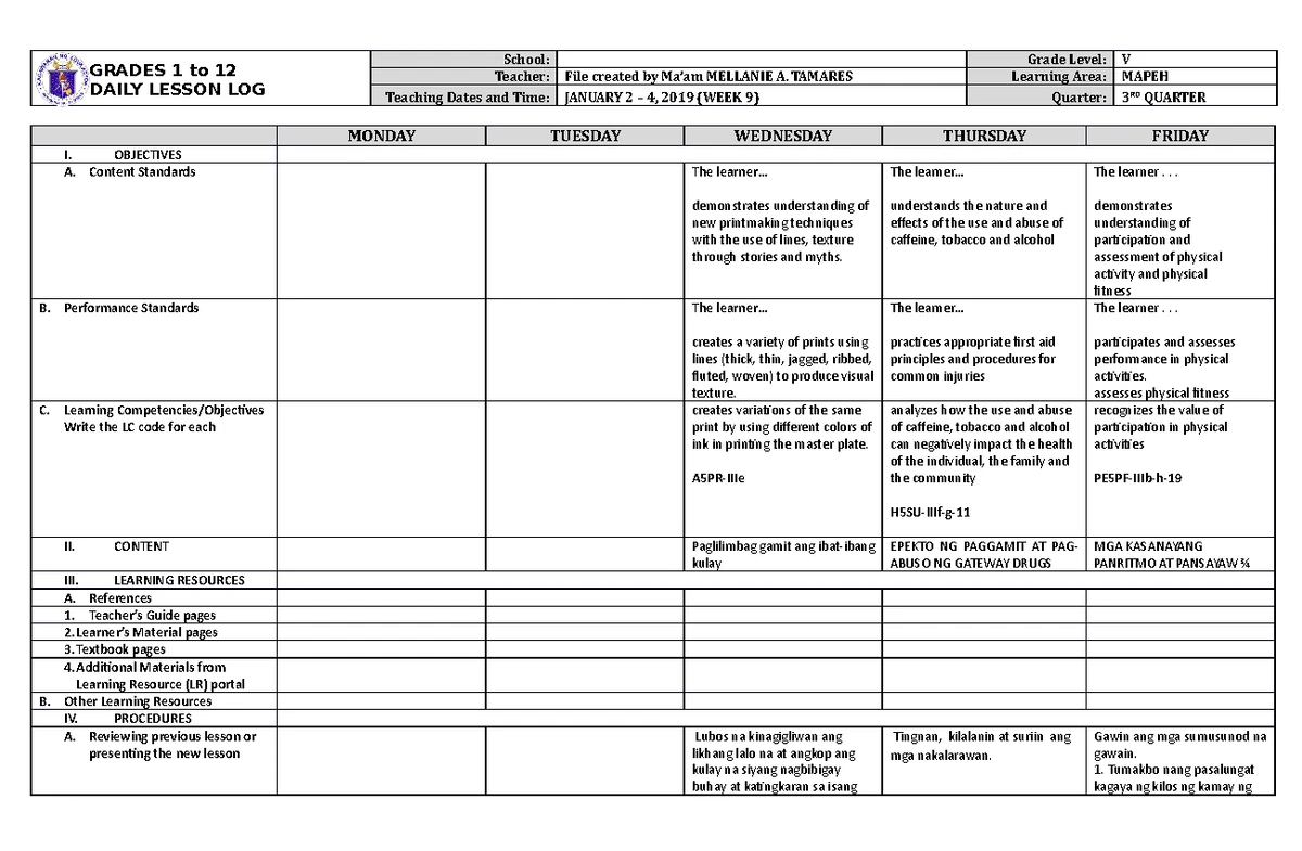DLL Quarter 3 Week 10 Mapeh 5 - GRADES 1 to 12 DAILY LESSON LOG School ...