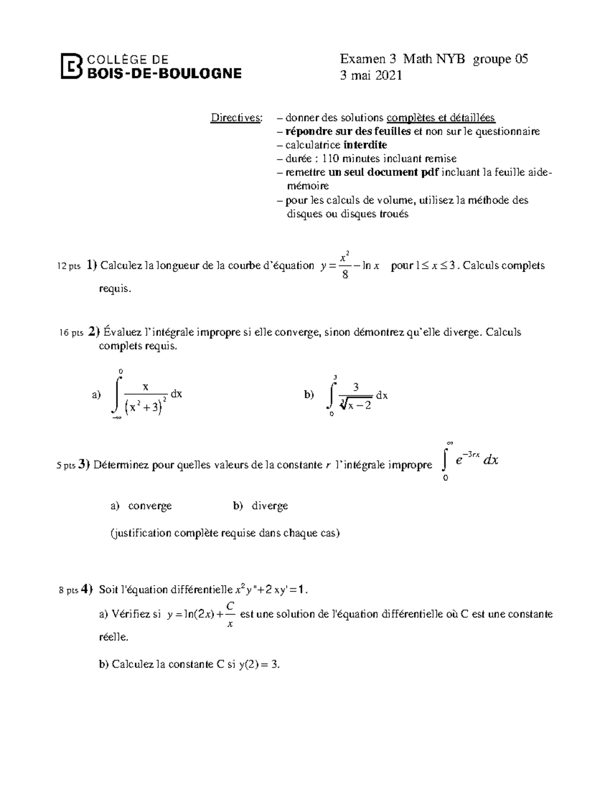 Examen 3 Math NYB Groupe 05 - Directives et Solutions Complètes - Studocu