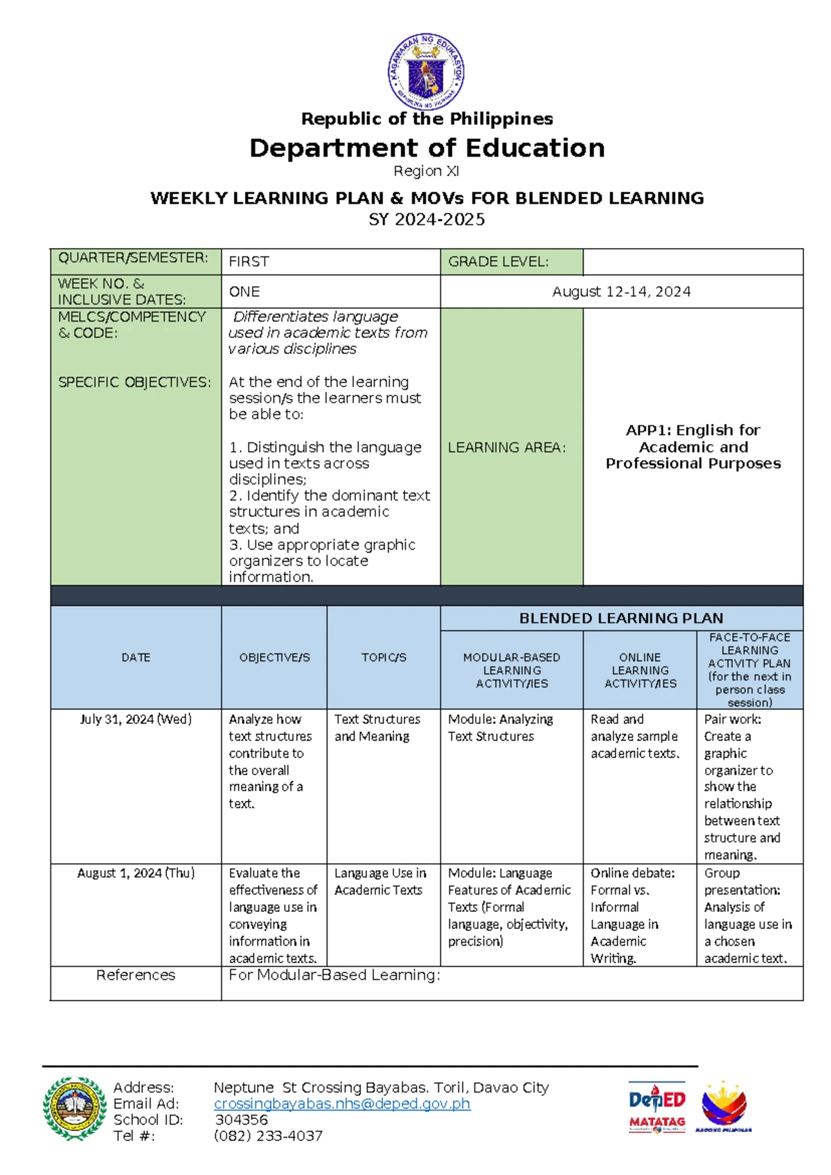 Weekly Learning PLAN & MOVs FOR Blended Learning - DAY 4 - Address ...