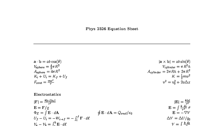 Phys 2326 Final Exam Equation Sheet - Studocu