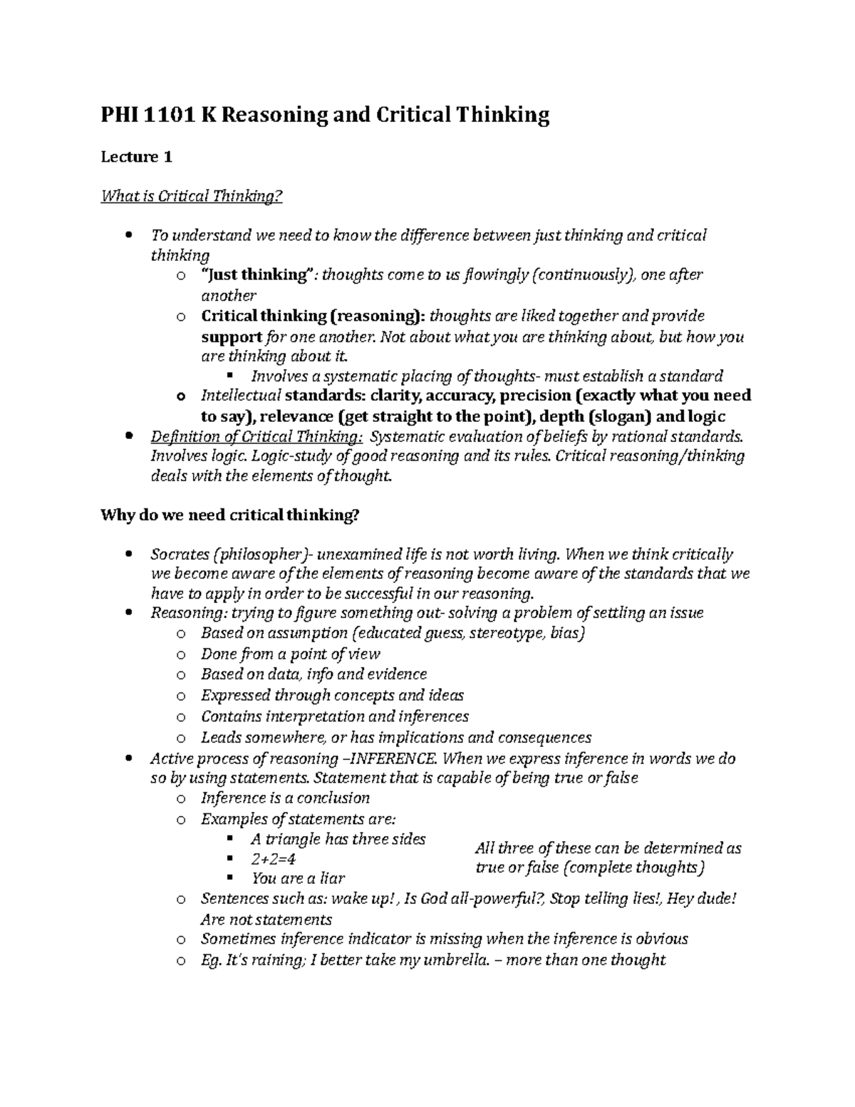 PHI 1101 K Reasoning and Critical Thinking Chapter 1 - PHI 1101 K ...