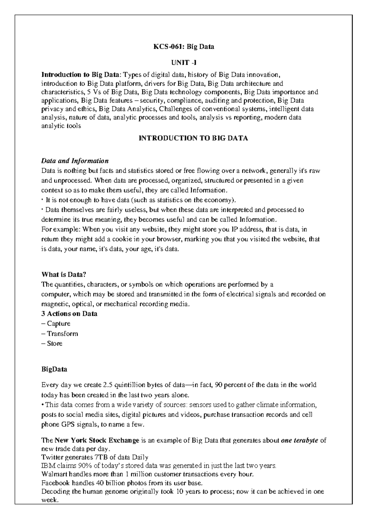 KCS-061 - Lecture Notes on Big Data - Unit I: Intro to Big Data ...