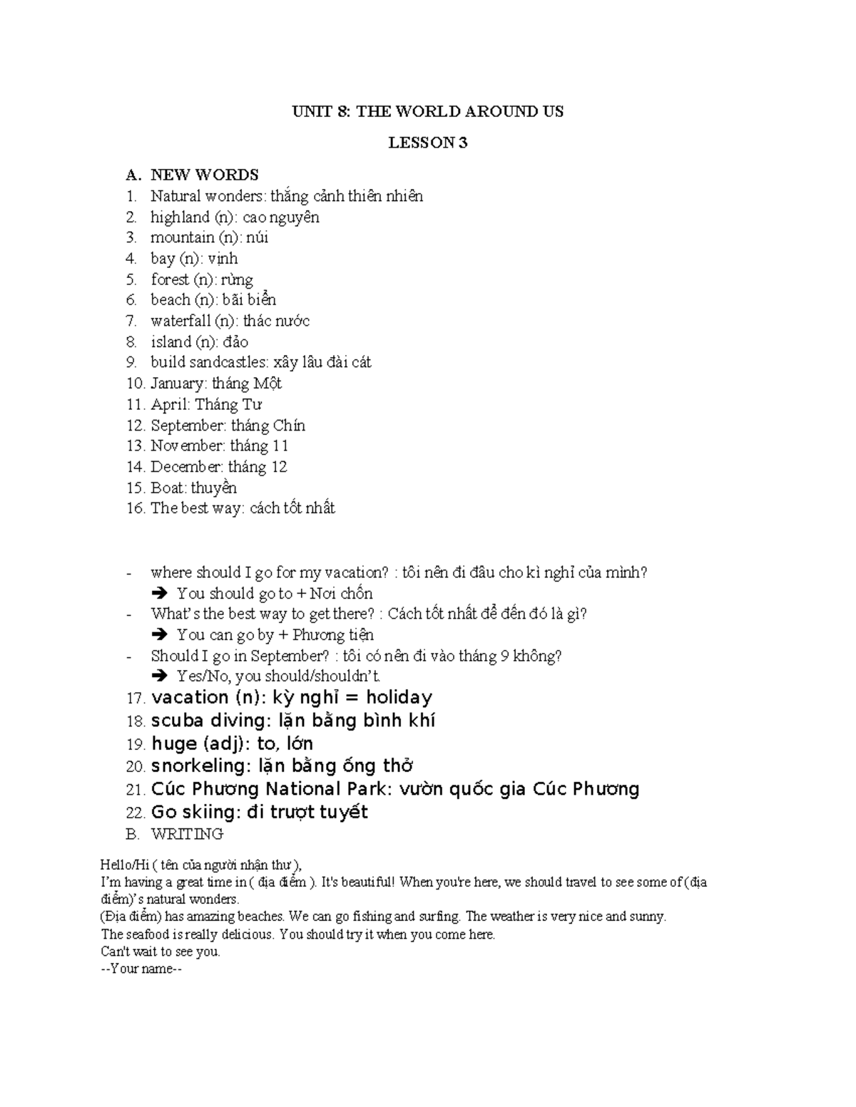 UNIT 8: THE WORLD AROUND US - LESSON 3 ANH 6 - iLearn Notes - Studocu