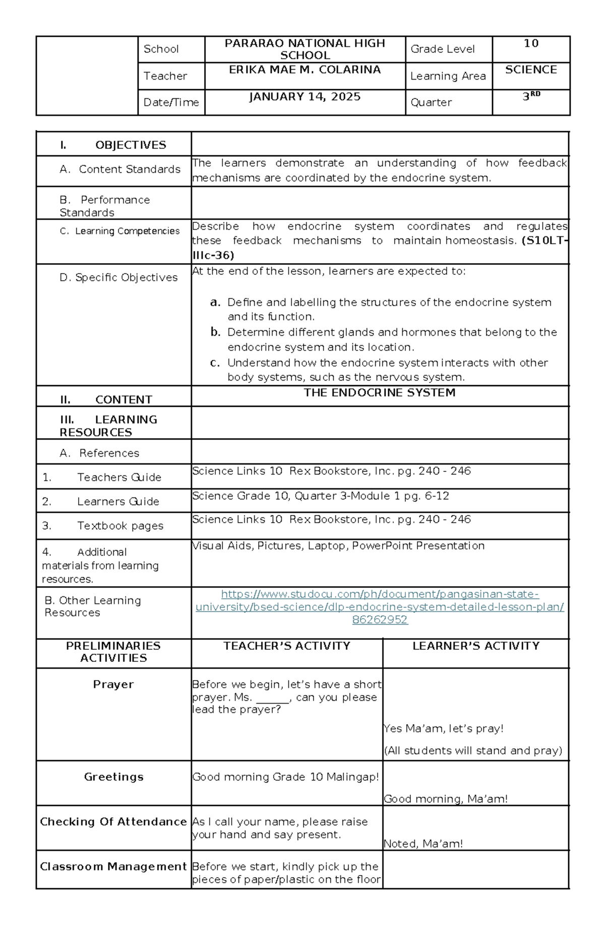 Endocrine System Lesson Plan for Grade 10 Science (Q3) - Studocu
