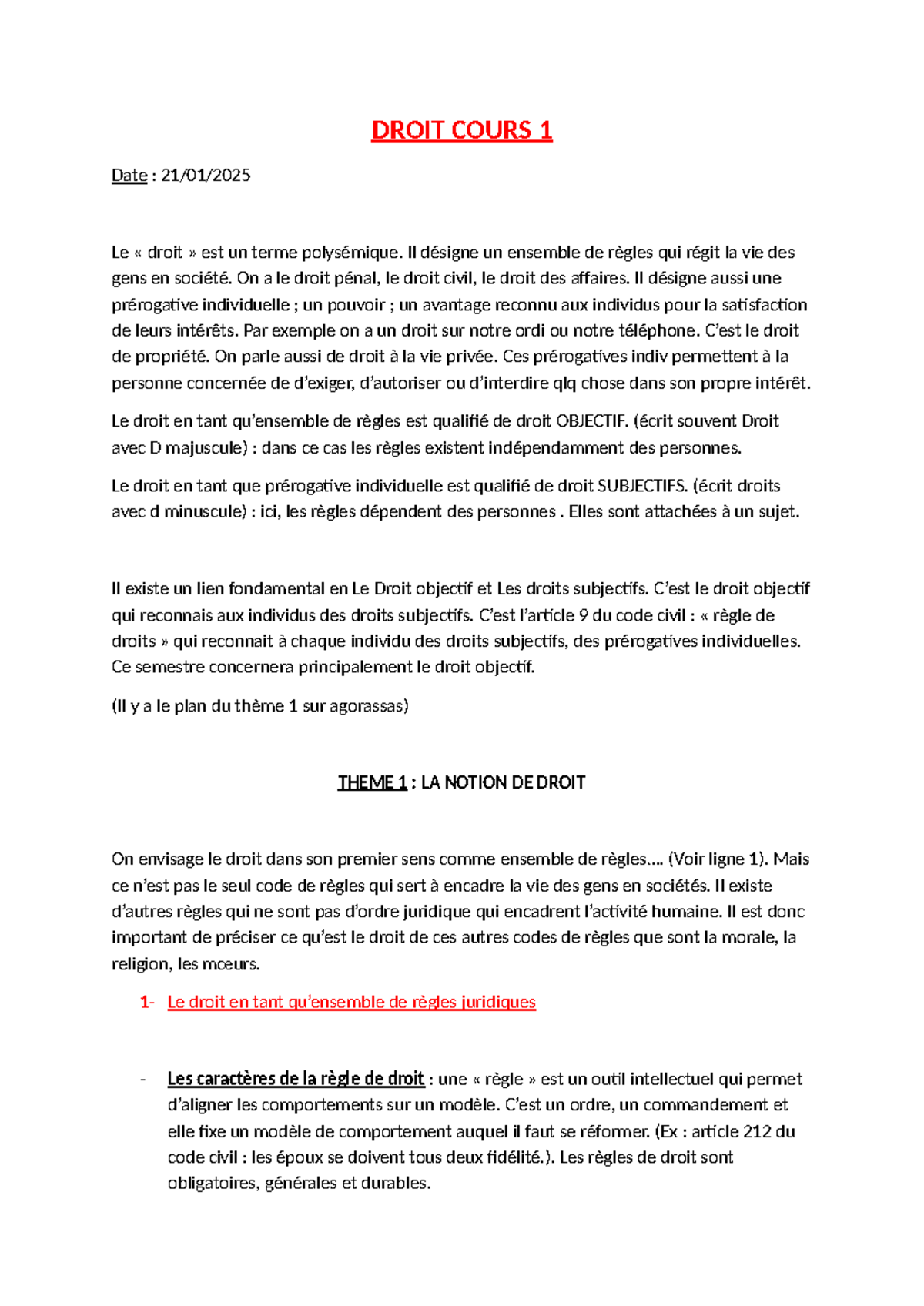 Droit Cours 1 : Introduction aux notions fondamentales du droit - Studocu
