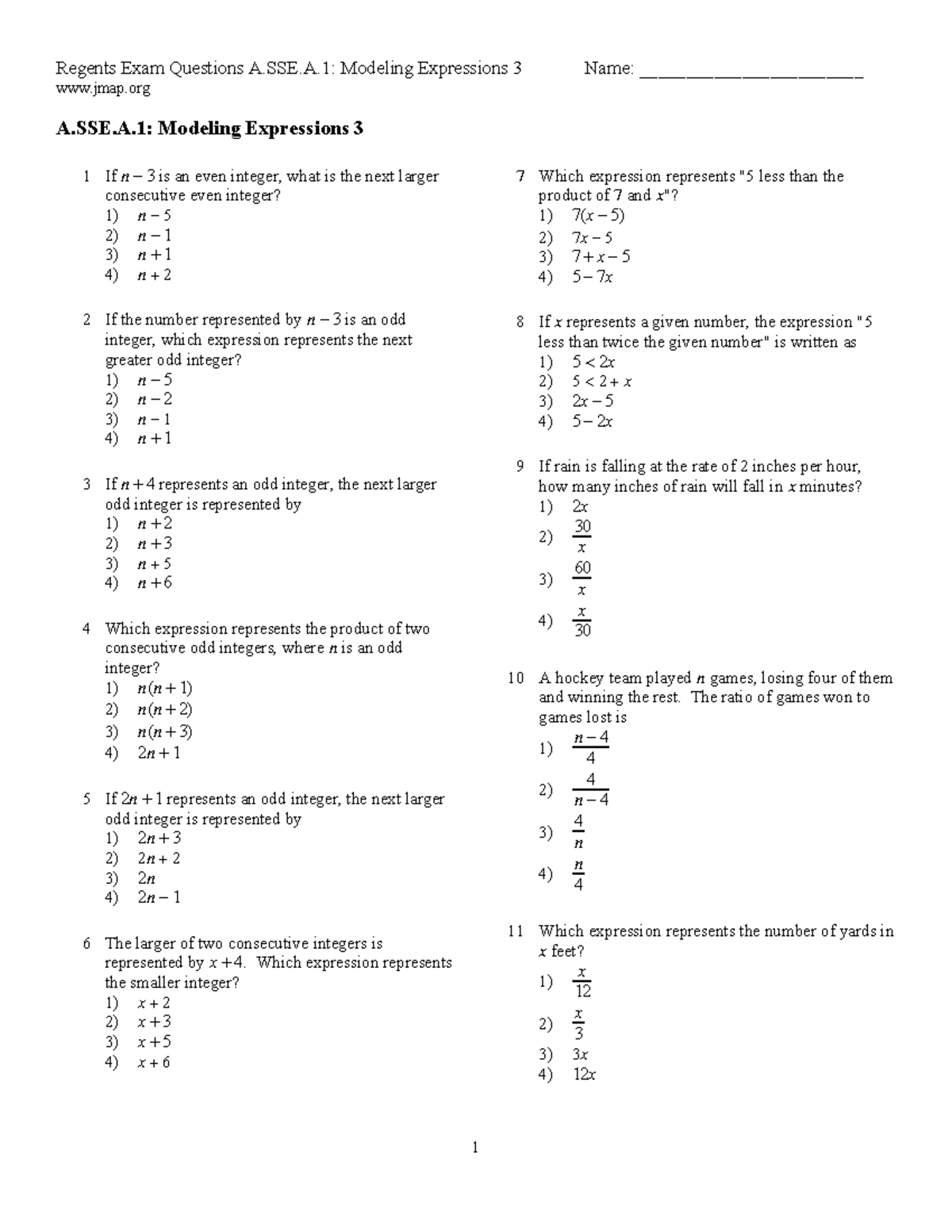 Regents Exam Questions A.SSE.A.1: Modeling Expressions 3 - Studocu