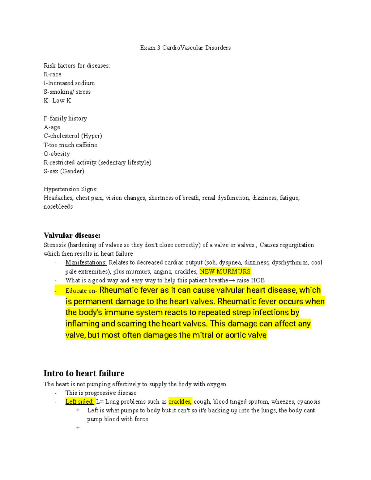 Med Surg Exam 3 - Study Guide on Cardiovascular Disorders and ...