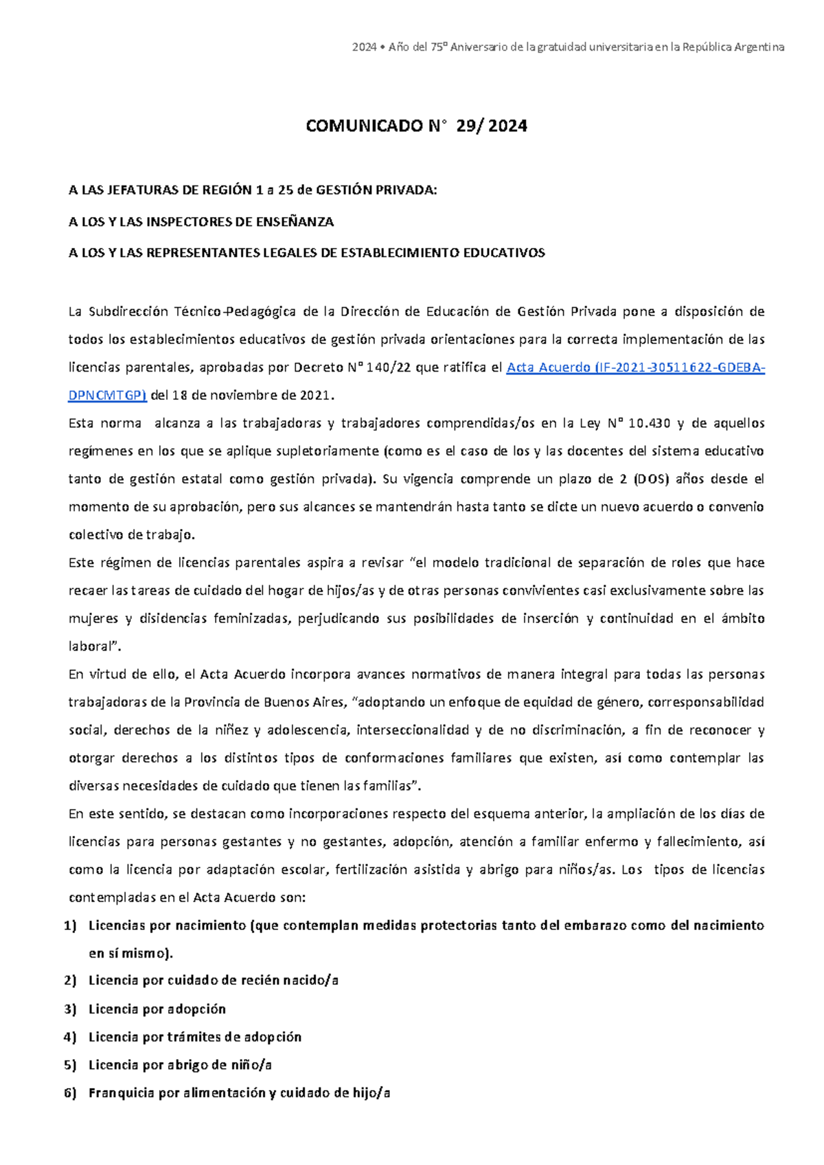 Comunicación sobre Licencias Parentales 2024 en Educación Privada - Studocu