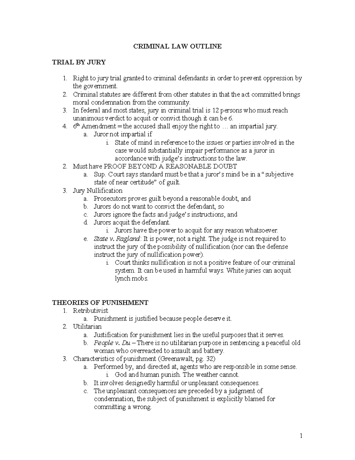 Criminal Law Outline - Sloss Fall 2009 Lecture Notes - Studocu