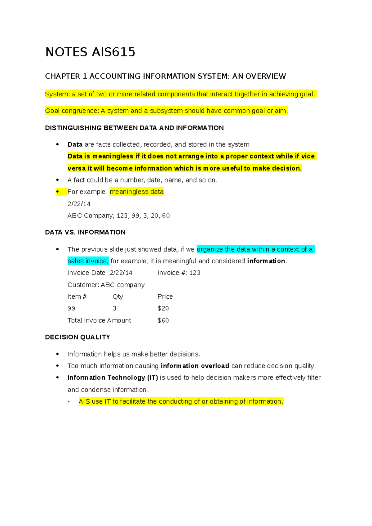 AIS615 NOTES: CHAPTER 1 - ACCOUNTING INFORMATION SYSTEM OVERVIEW - Studocu