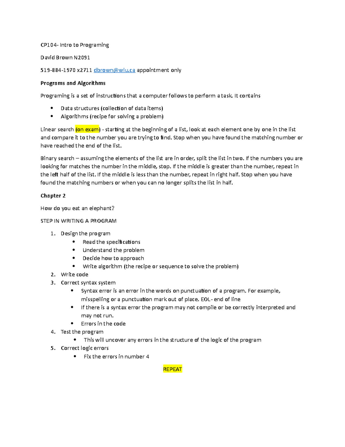 CP104 - Intro to Programming Lecture Notes on Algorithms and Data ...