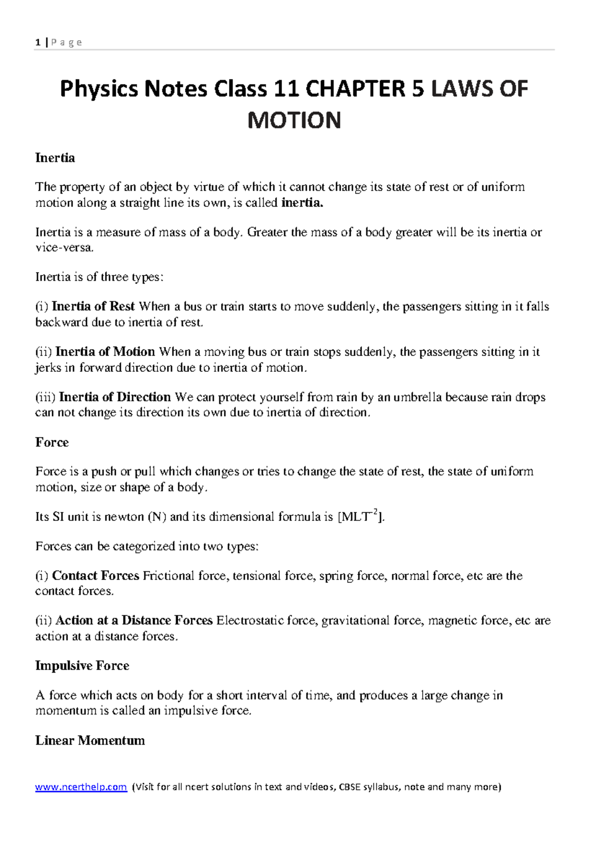 Physics Notes Class 11: Chapter 5 - Laws of Motion Summary - Studocu