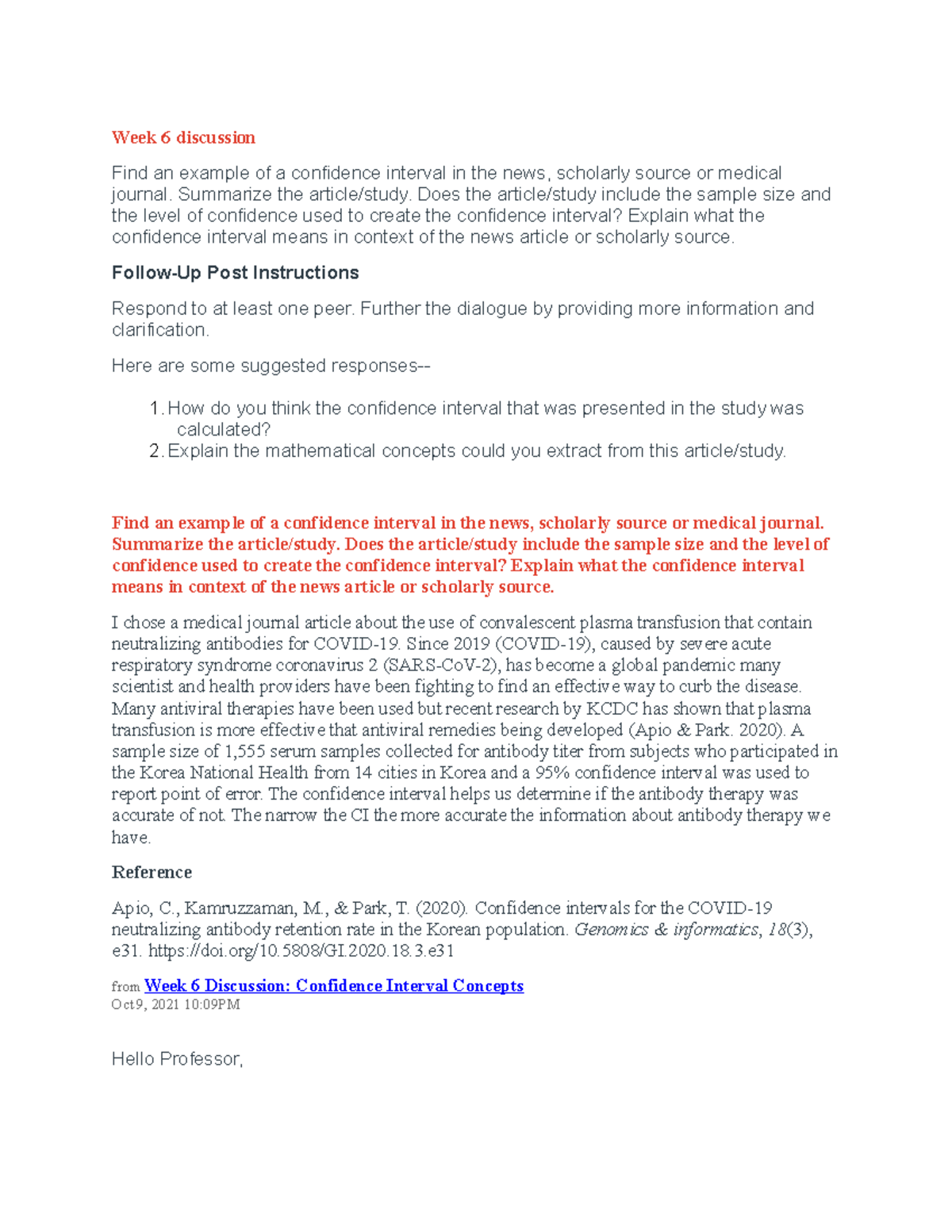 Week 6 Discussion: Understanding Confidence Intervals in Statistics ...