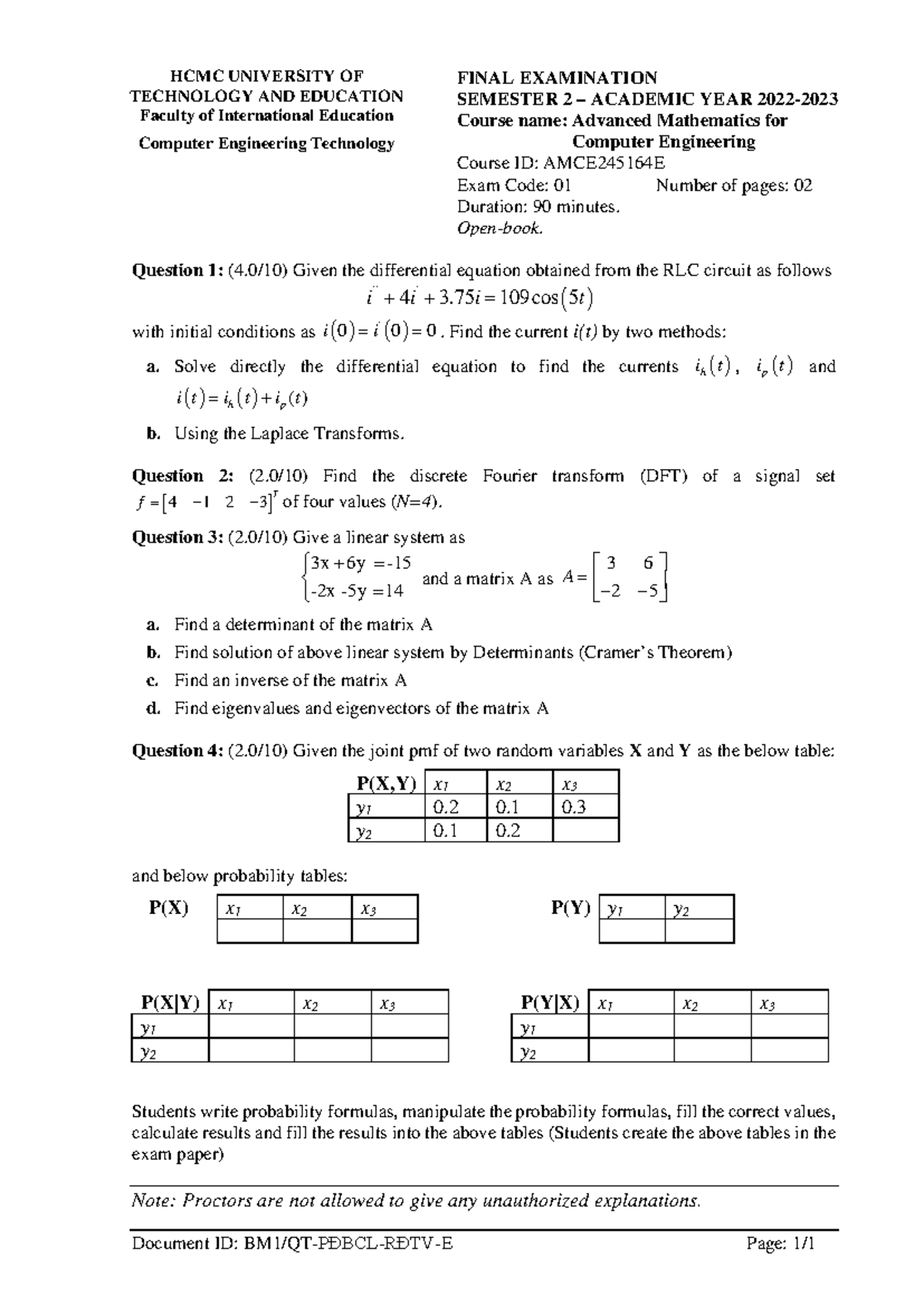 Final Exam AMCE245164E: Advanced Math for Computer Eng. 2022-23 - Studocu