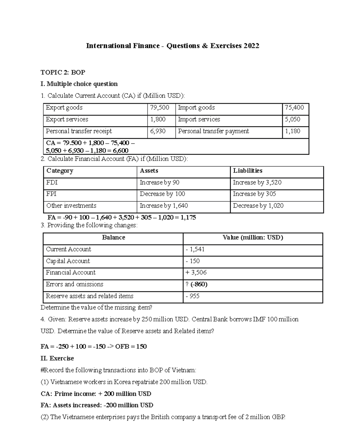 Title: International Finance - BOP, FOREX, IRP & PPP Questions and ...