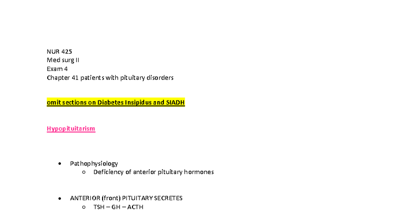 NUR 425 Med Surg II Exam 4 Chapter 41: Pituitary Disorders Overview ...
