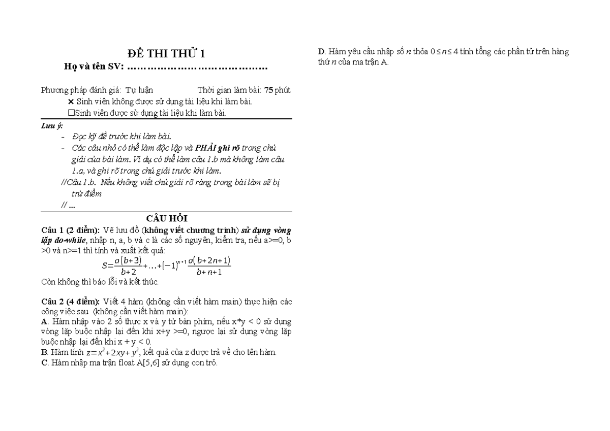 ĐỀ THI THỬ 1 - Lập trình C/C++ - Tự luận - Thời gian 75 phút - Studocu