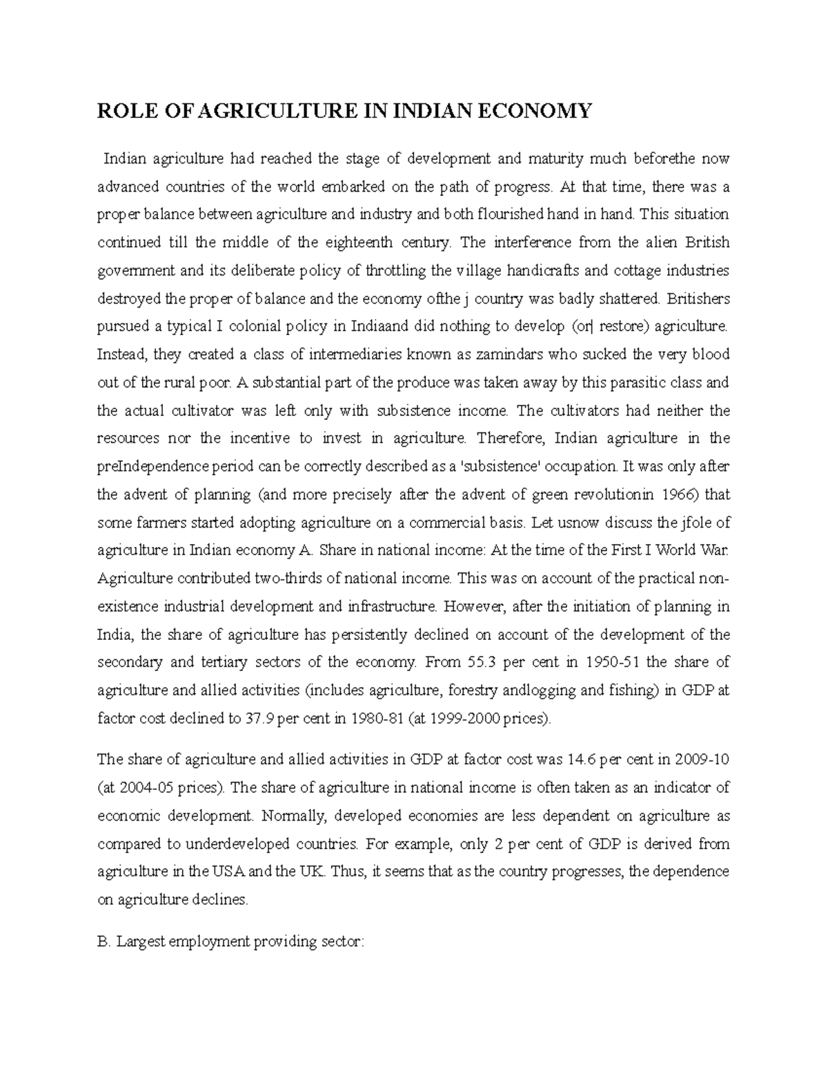 Role of Agriculture in Indian Economy - Indian Economic Policy I - UoK ...
