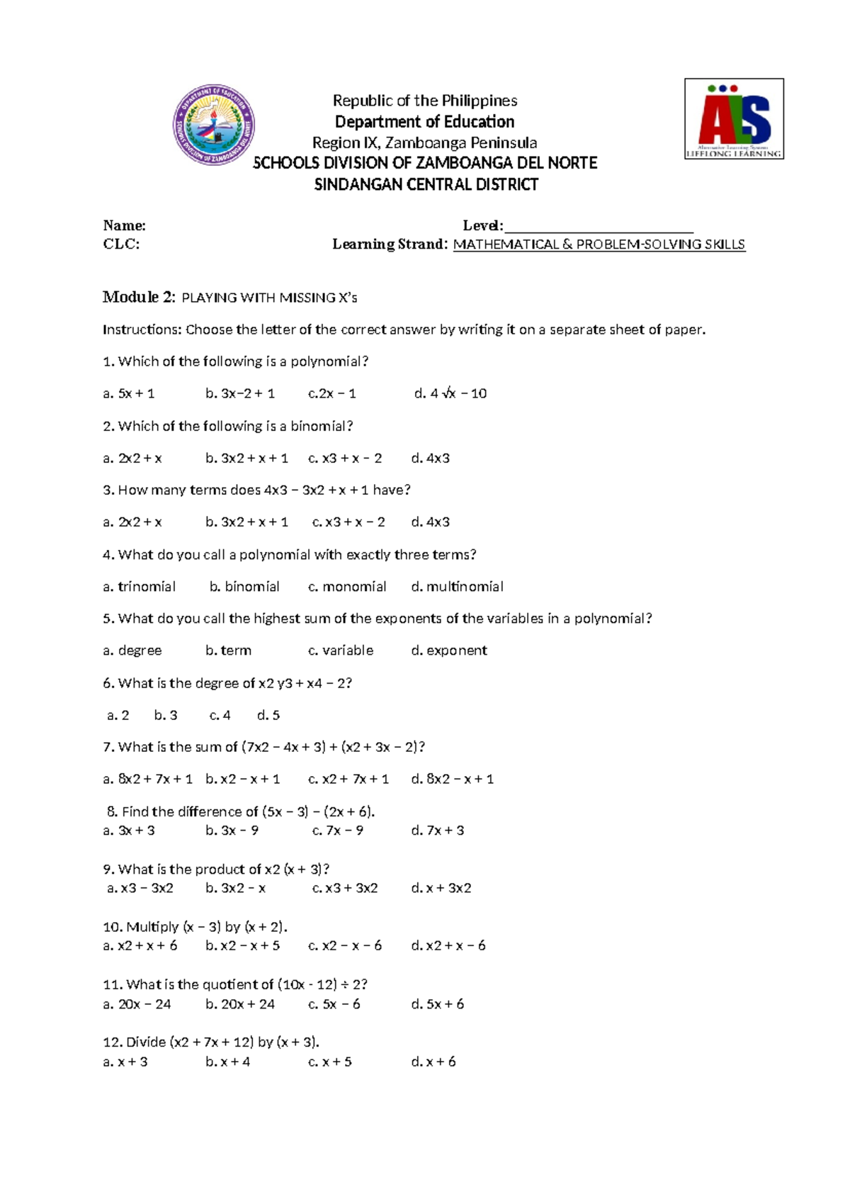 LS 3: Mathematical Skills Module on Polynomials and Integers - Studocu