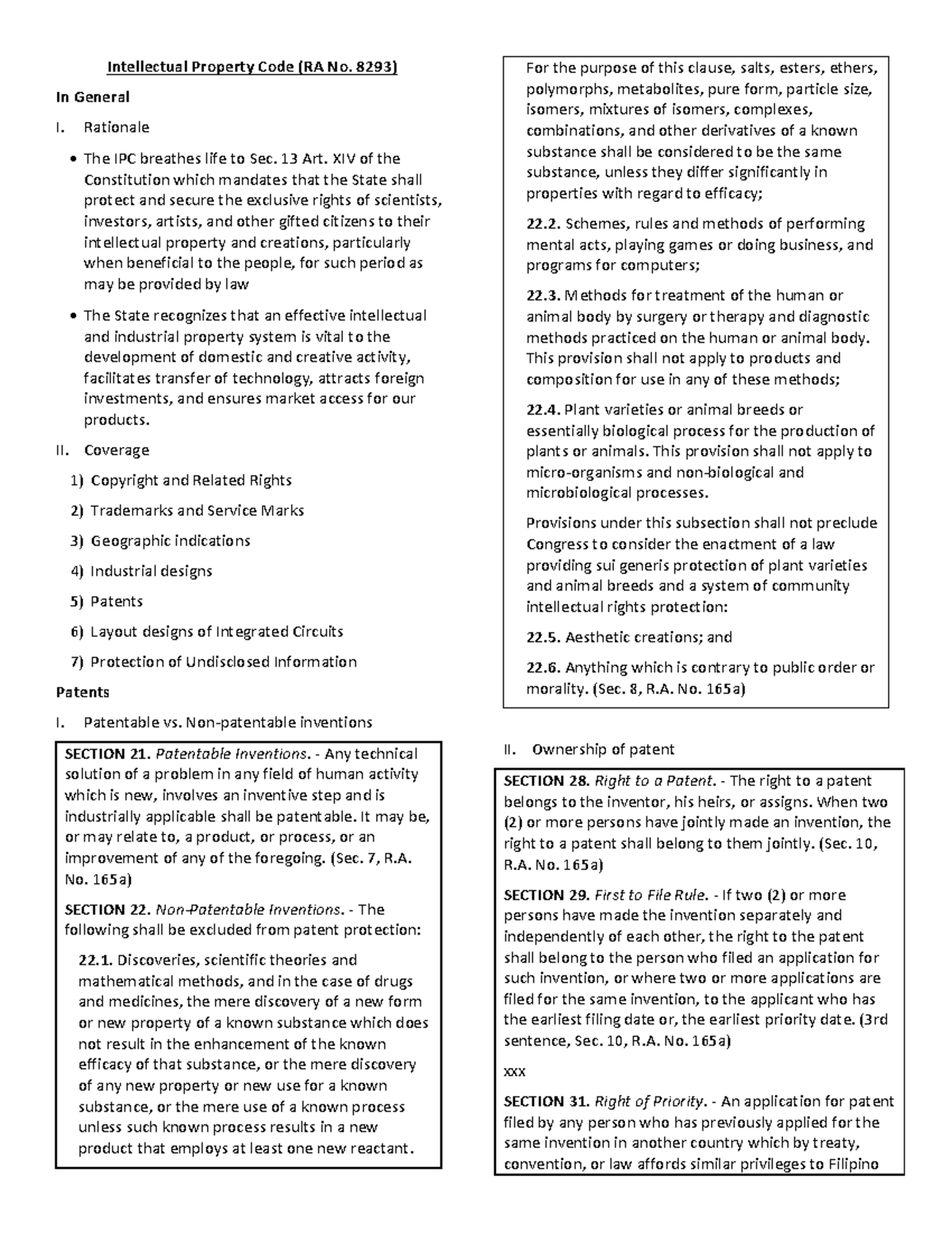 RA 8293 - Summary of the Intellectual Property Code Overview - Studocu