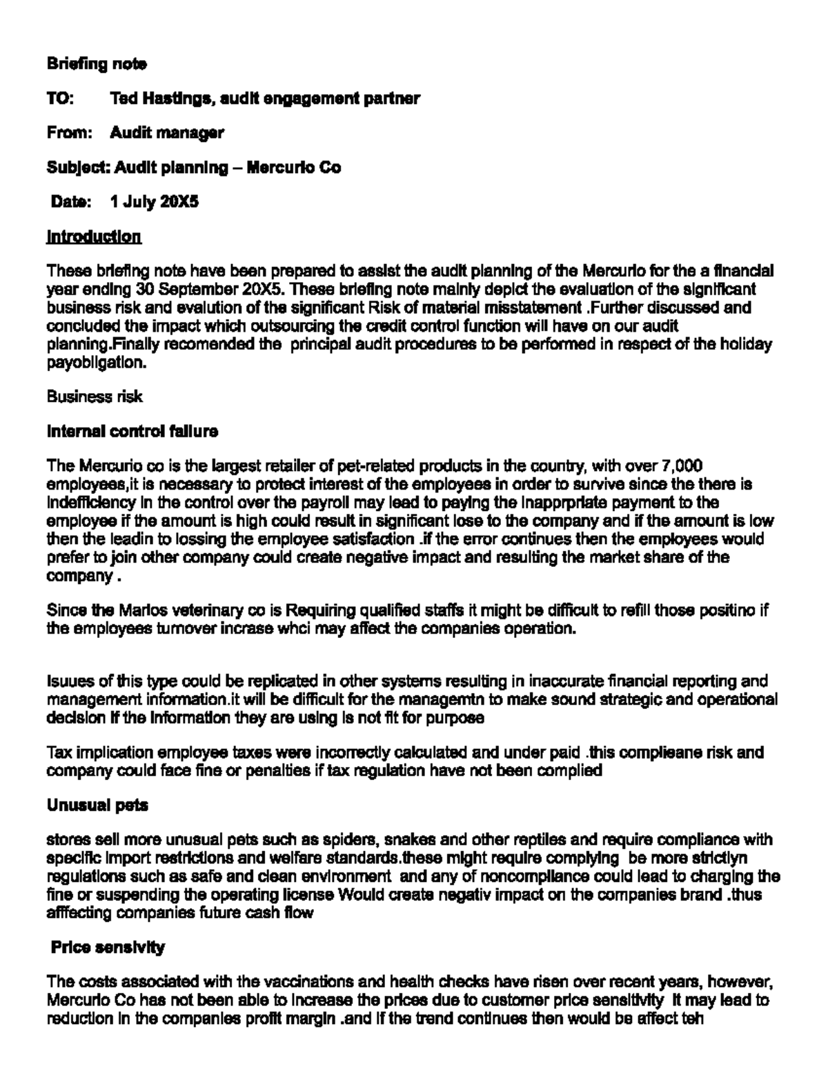 Audit Planning Briefing Note for Mercurio Co (Audit 20X5) - Studocu