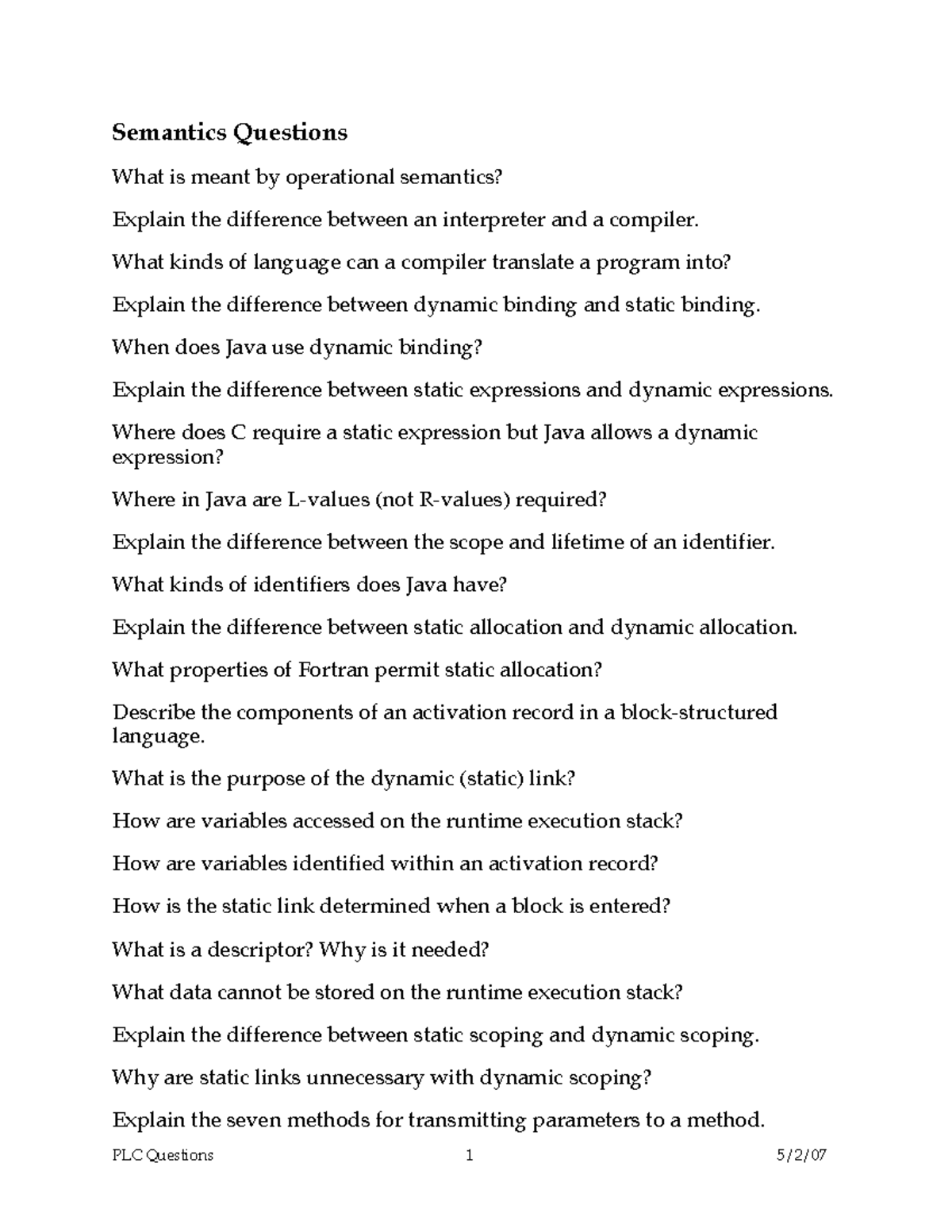 Semantics and Interpreter with attribute grammar - PLC Questions 1 5/2 ...