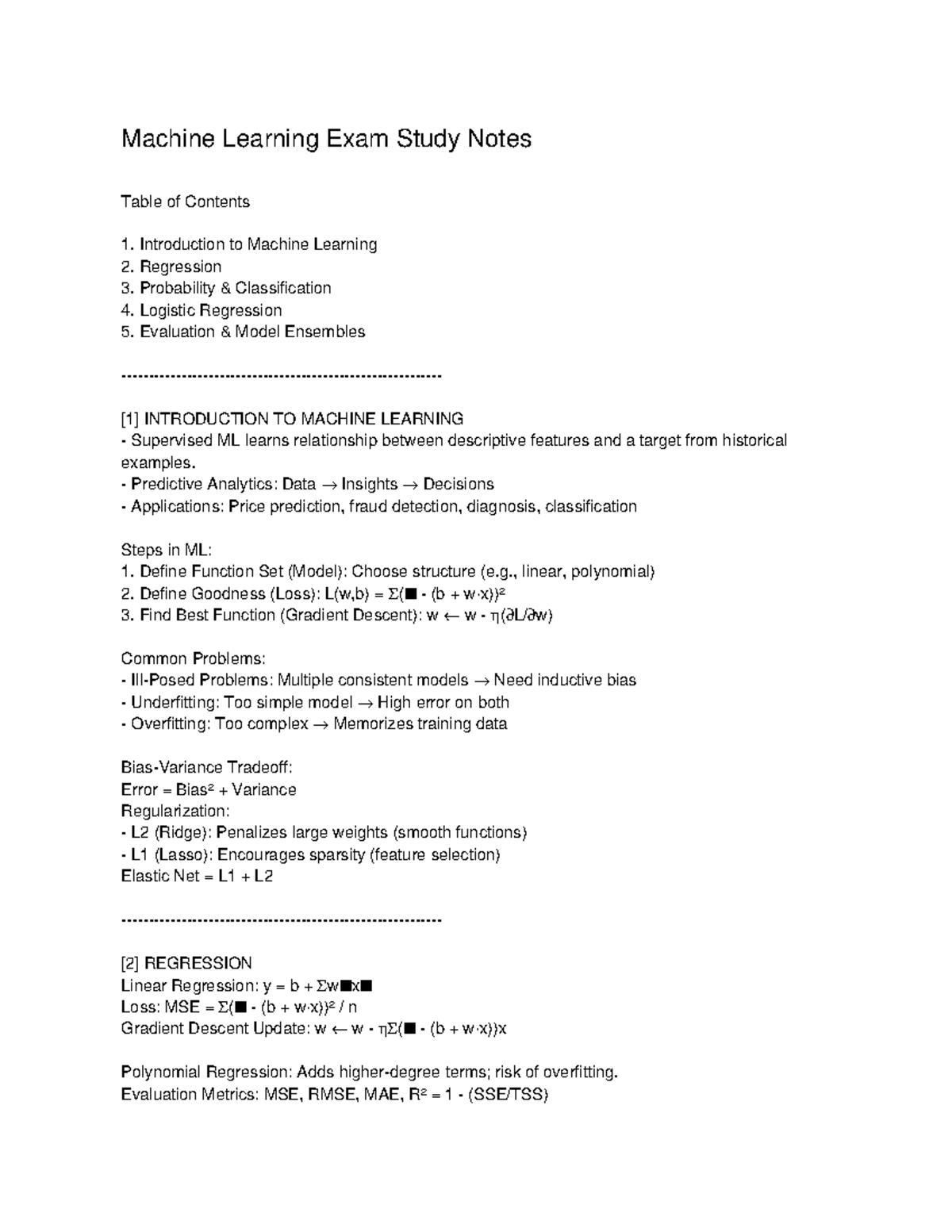 Machine Learning (ML) Exam Study Notes: Key Concepts & Formulas - Studocu