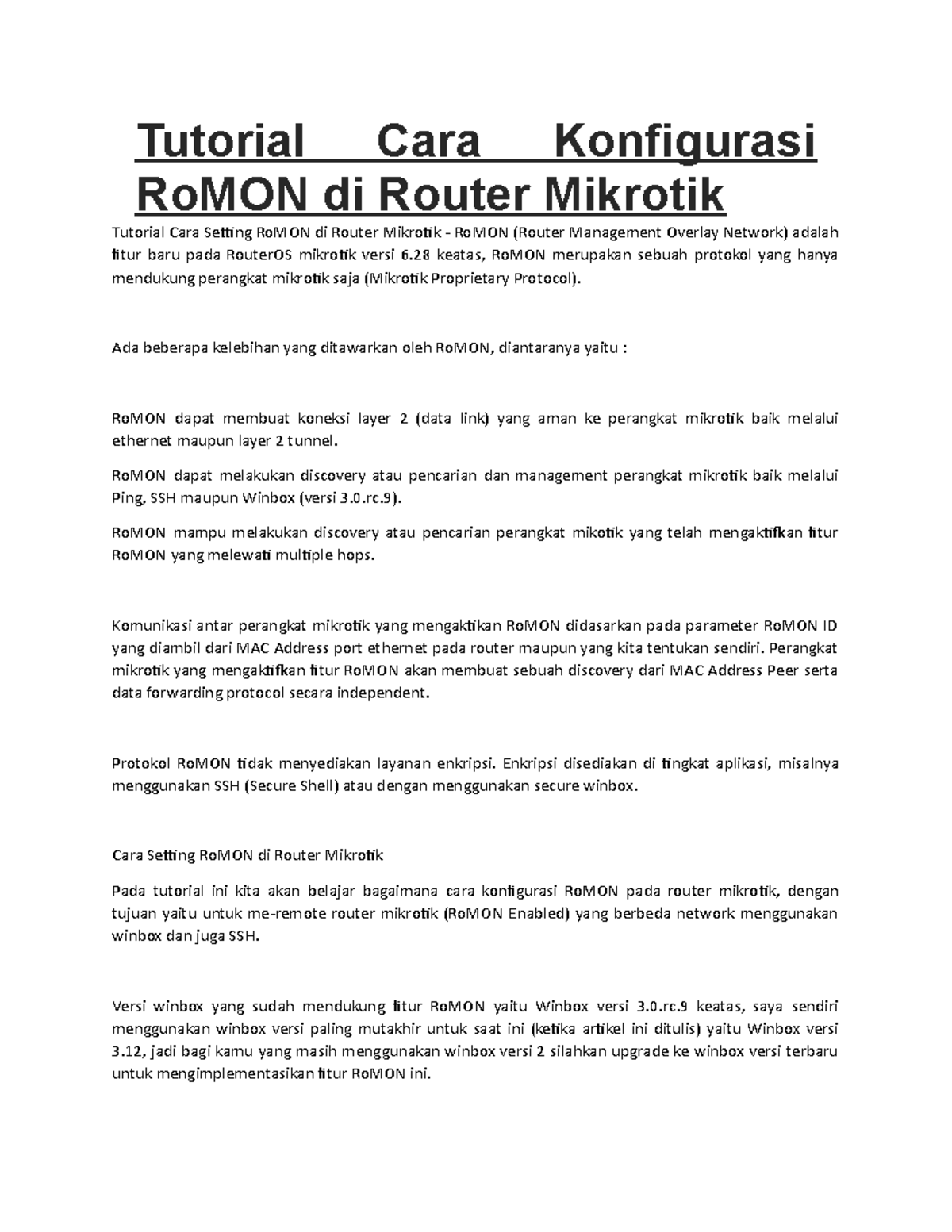Tutorial Konfigurasi RoMON di Router Mikrotik: Panduan Lengkap - Studocu