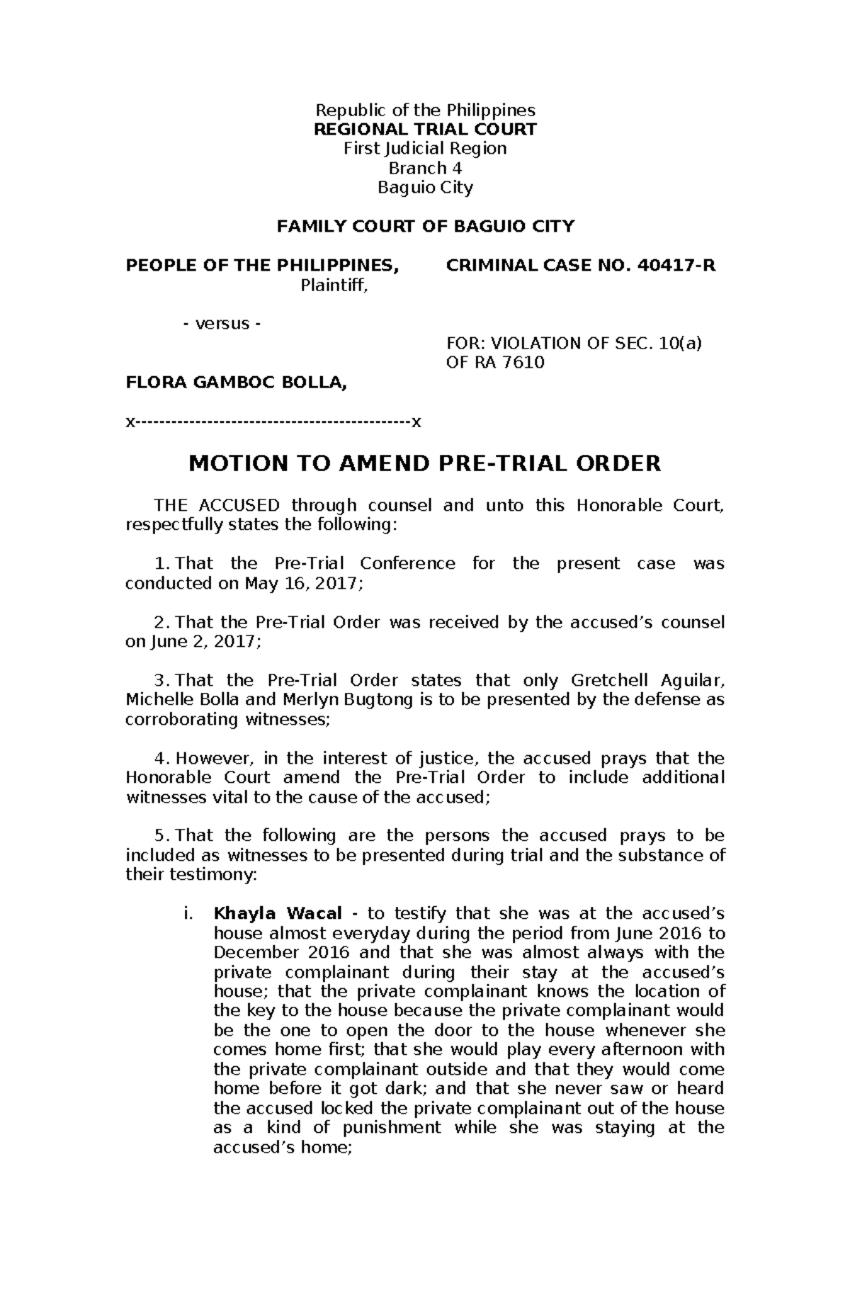 Motion to Amend Pretrial Order in Criminal Case No. 356325993 - Studocu